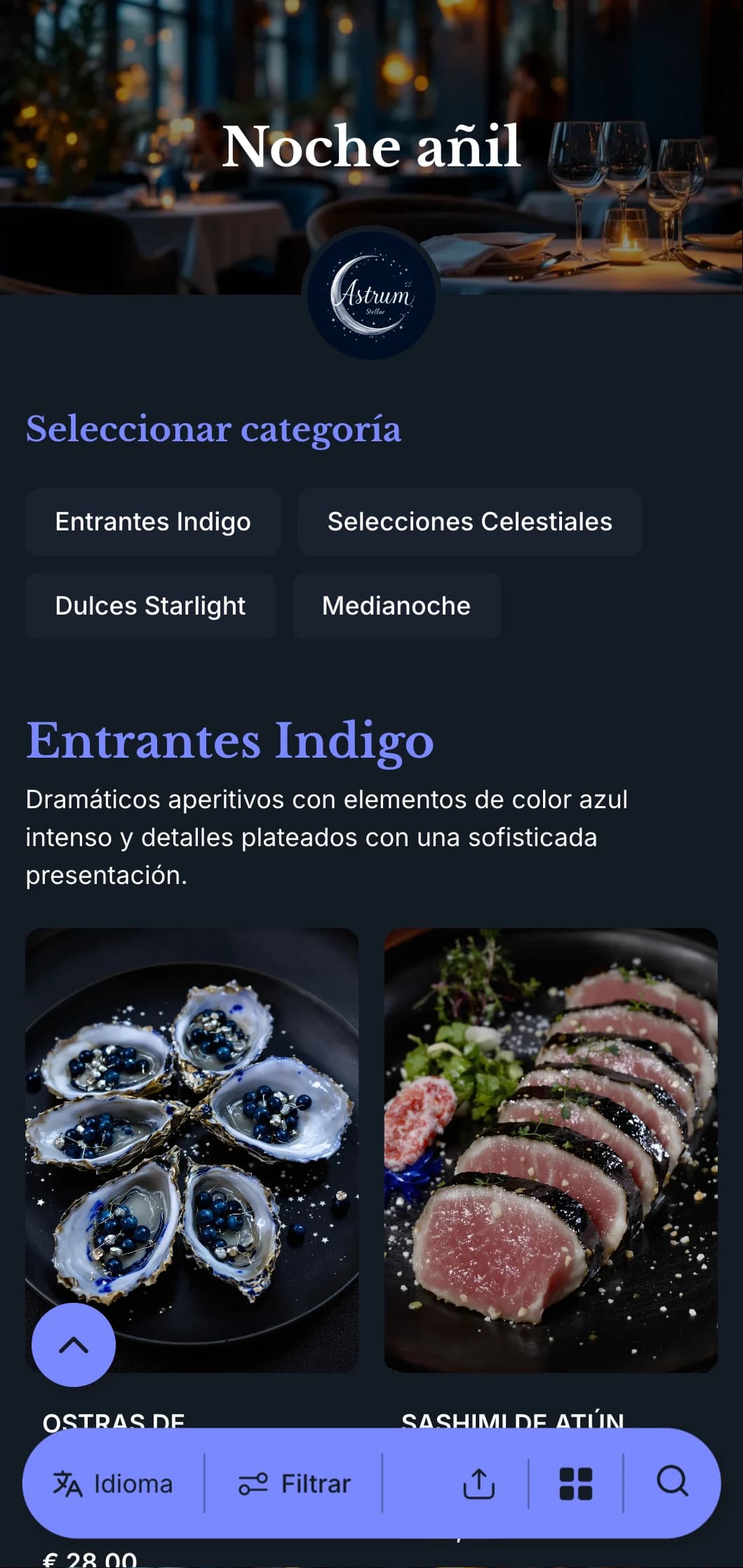 Un menú de color índigo intenso con tonos azul noche y detalles plateados, diseñado para una cena sofisticada.