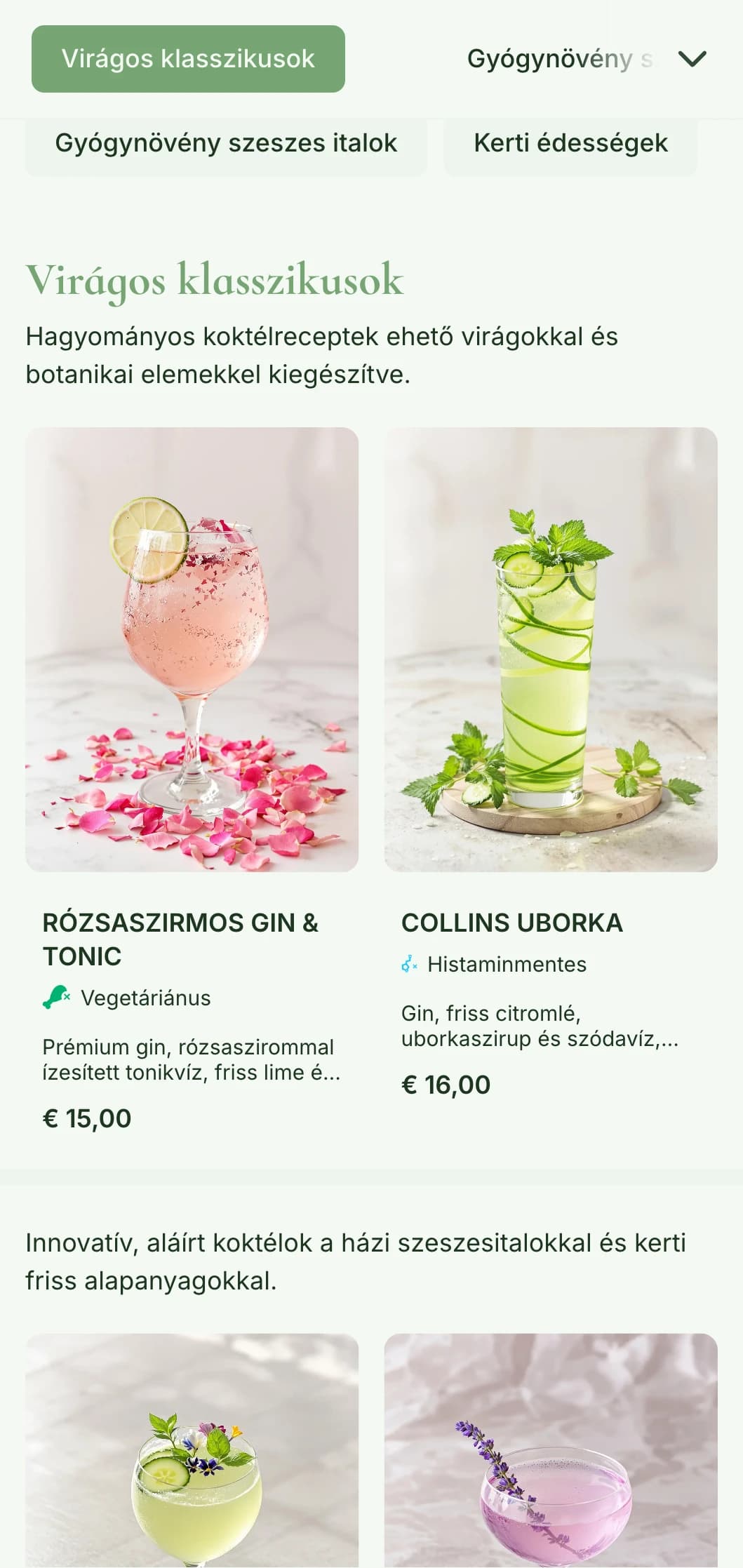 Egy buja, kert ihlette dizájn a gyógynövényes koktélokra és növényi szeszes italokra specializálódott bárok számára, friss zöld tónusokkal.