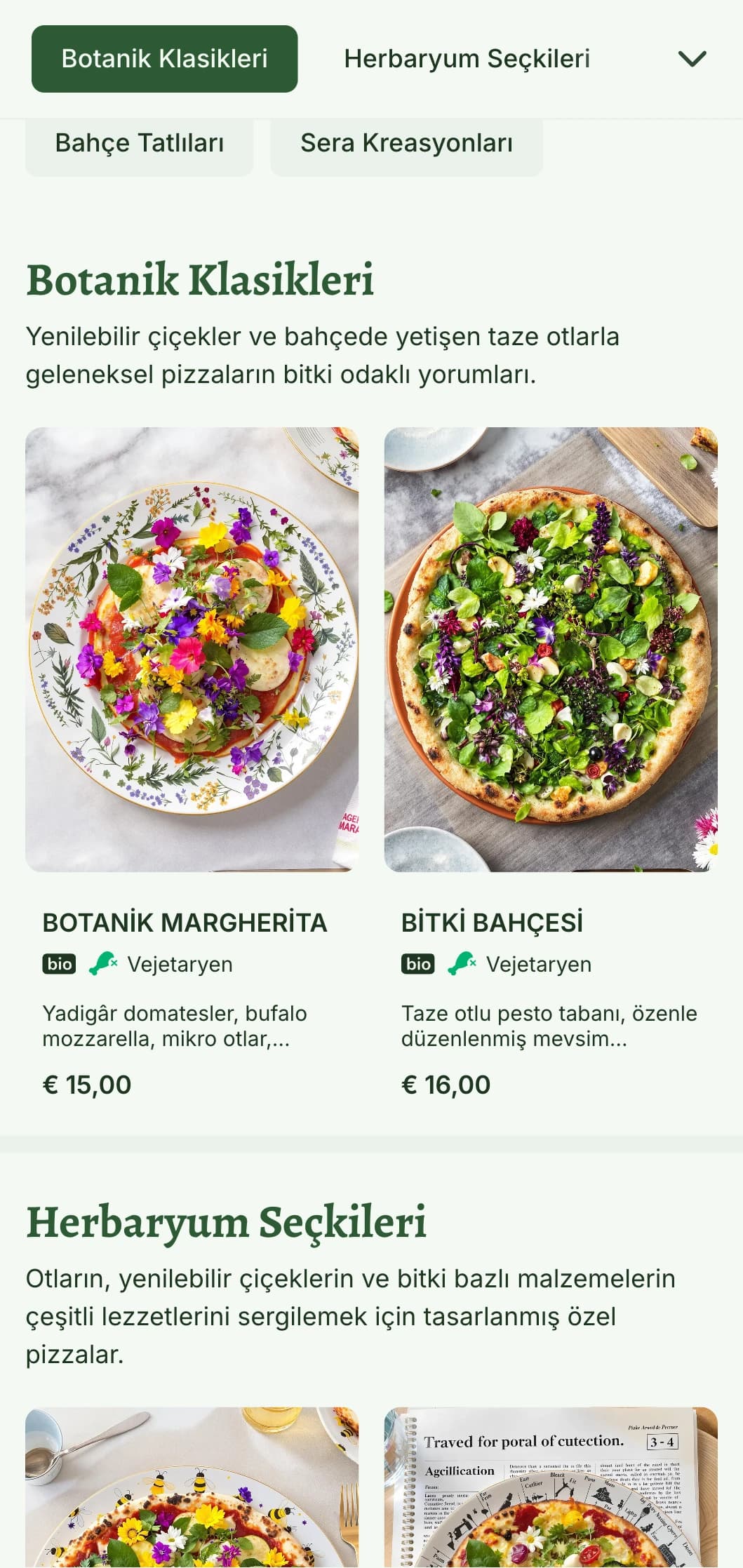 Botanik illüstrasyonlar ve doğal tasarım öğeleri içeren bitki bazlı pizza menüsü.