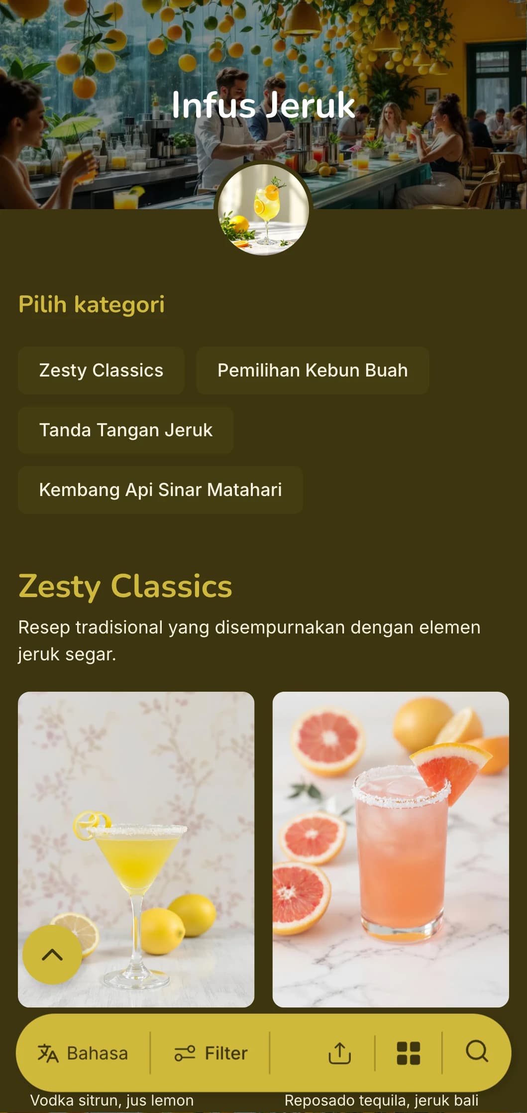Desain kuning-hijau yang energik merayakan koktail jeruk untuk bar yang cerah dan hidup.