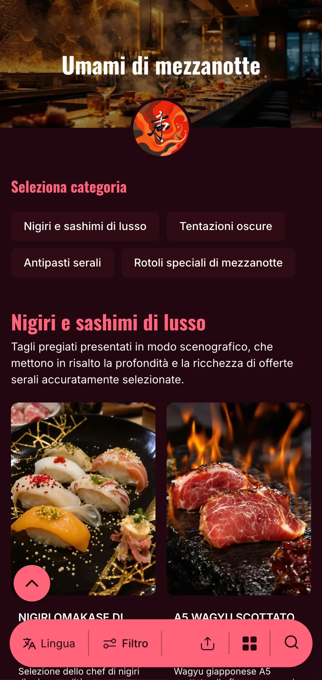 Lussuosa esperienza di sushi a tarda notte con contrasti audaci, caratterizzata da ricchi accenti bordeaux e luminosi su uno sfondo profondo.