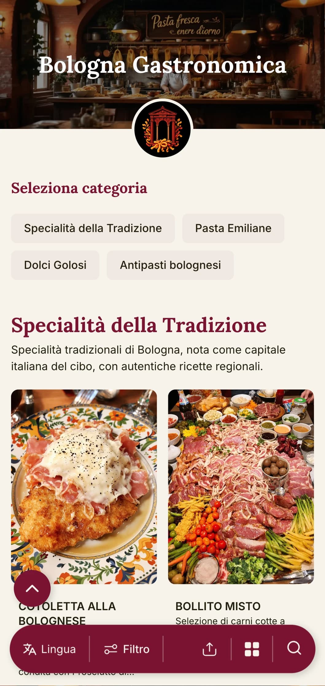 Un design ricco e invitante con rossi intensi ed elementi tradizionali che celebrano la reputazione di Bologna come capitale italiana del cibo.