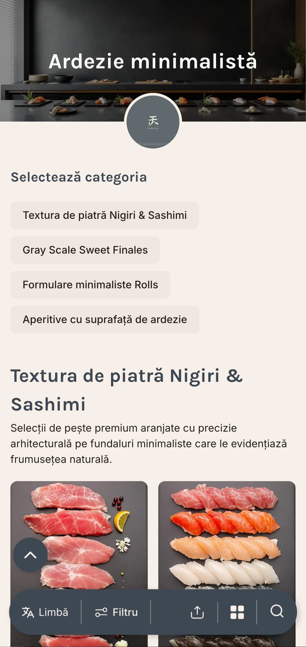 Meniu sushi contemporan curat cu tonuri gri ardezie și design minimalist pentru localuri casual de lux.