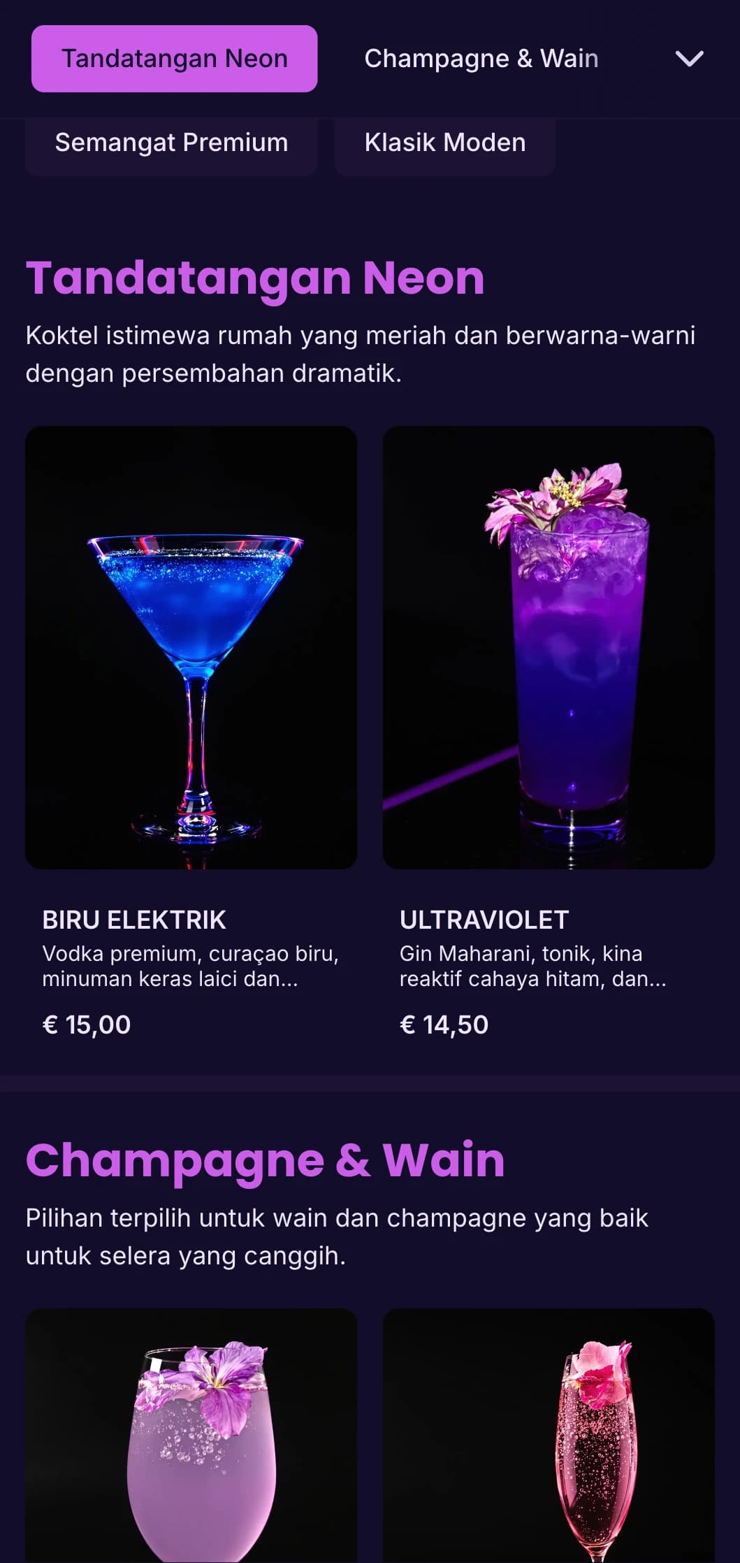 Reka bentuk ungu dan ultraungu yang terang untuk kelab malam yang bergaya dan lounge koktel.