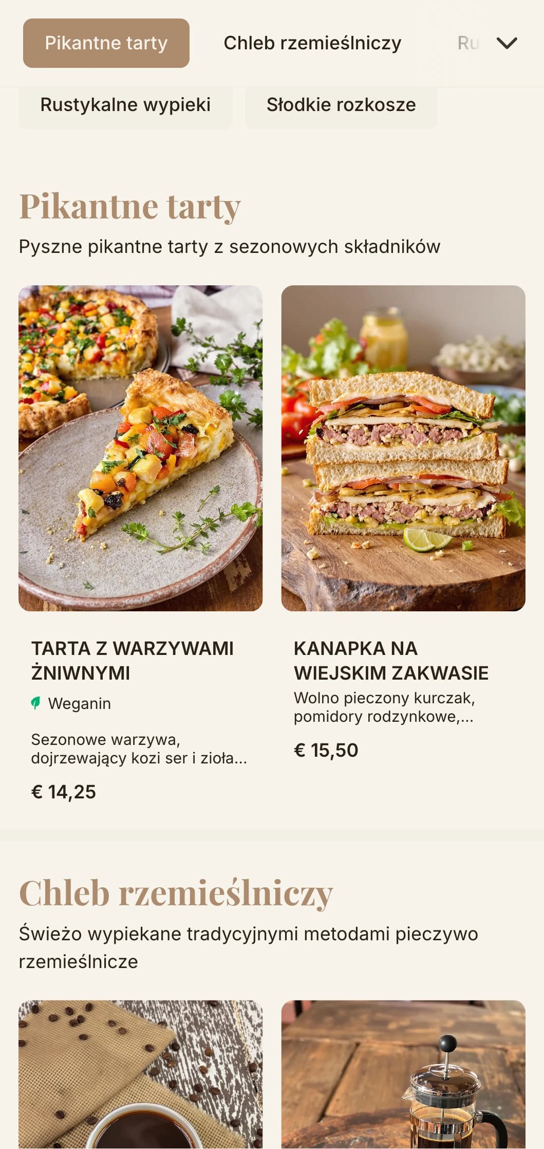 Ziemiste odcienie z rzemieślniczą typografią dla kawiarni i cukierni koncentrujących się na wypiekach.