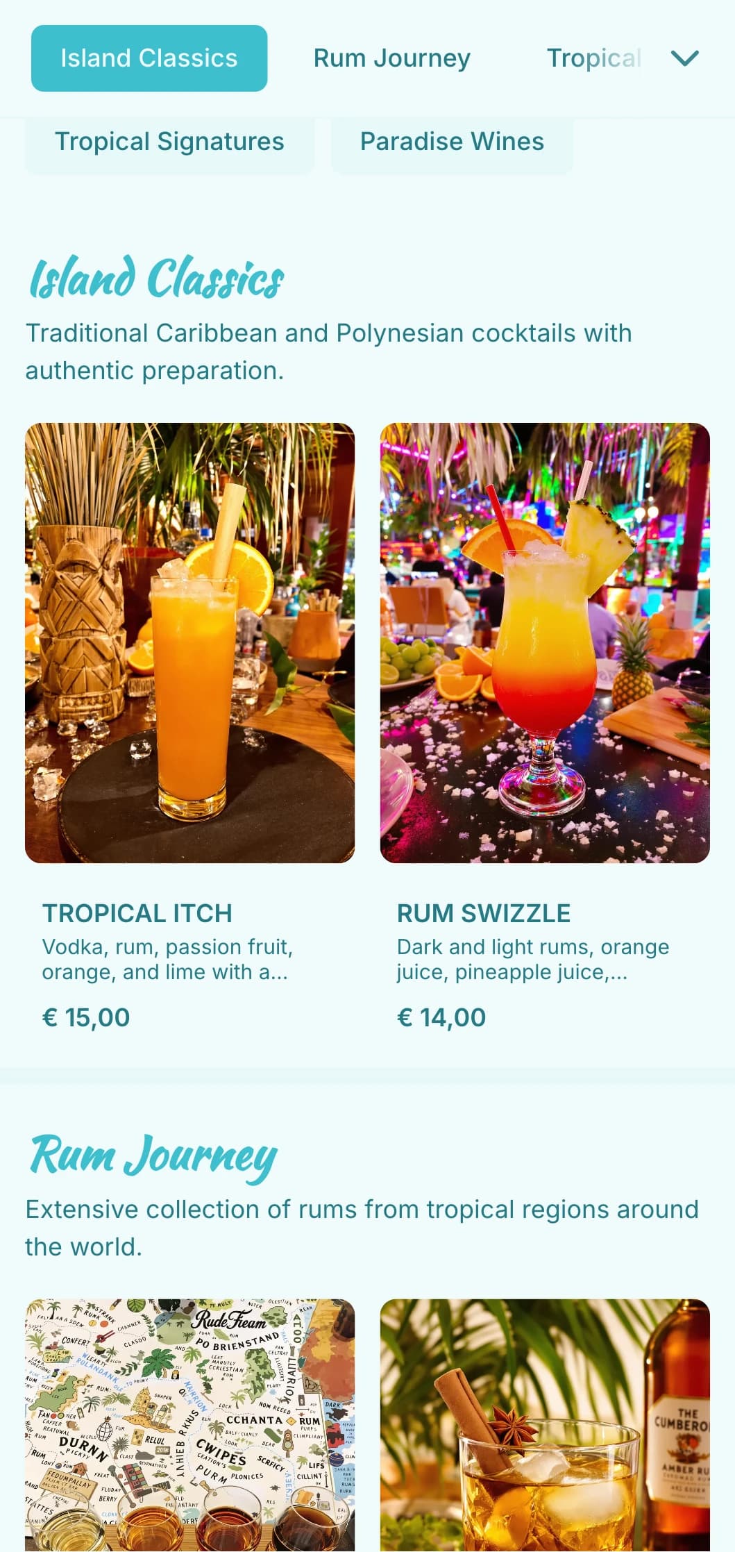 Bright turquoise design with tropical elements for tiki and rum bars.