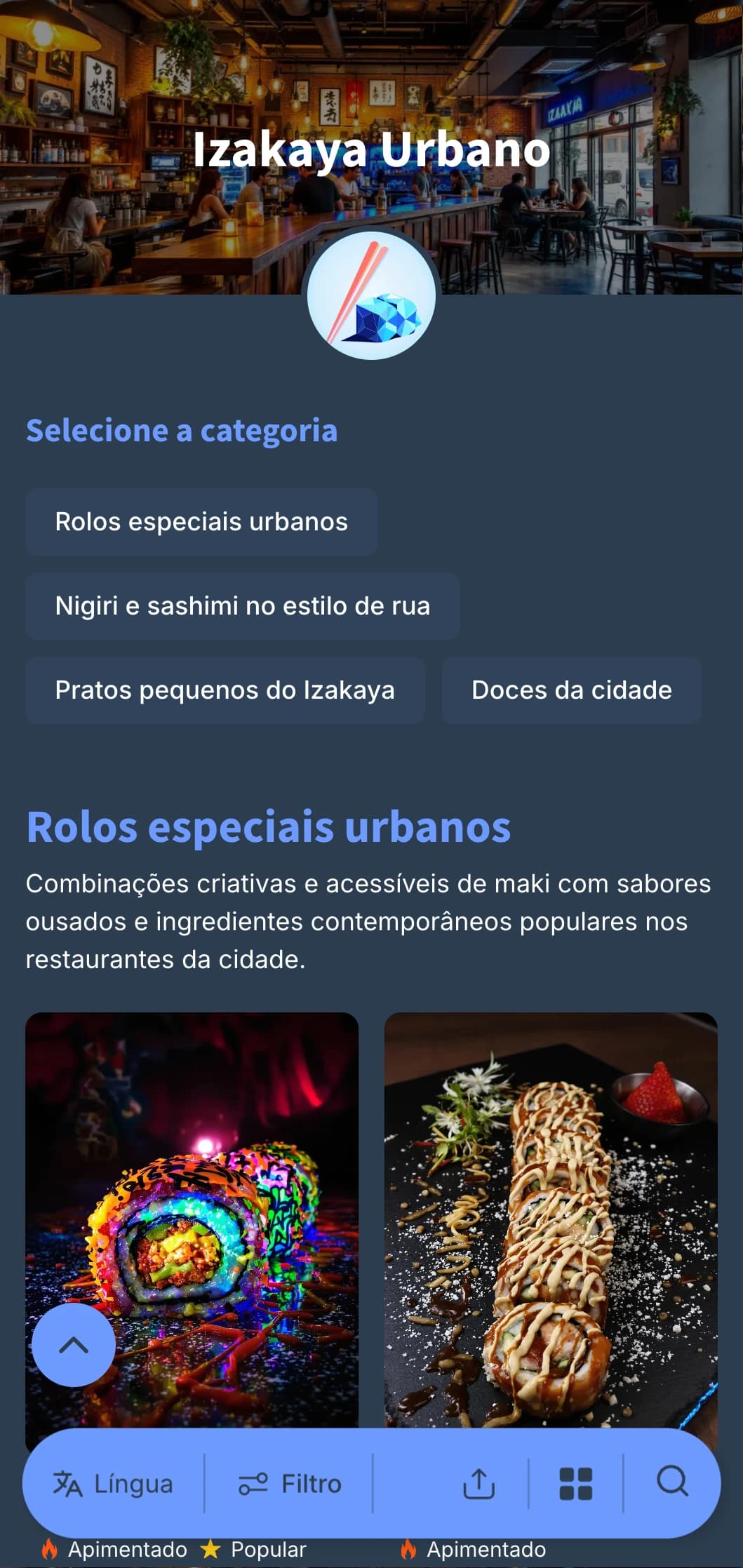 Cardápio contemporâneo em estilo de pub japonês com um toque urbano, com azuis frios e marinho profundo para um jantar casual.