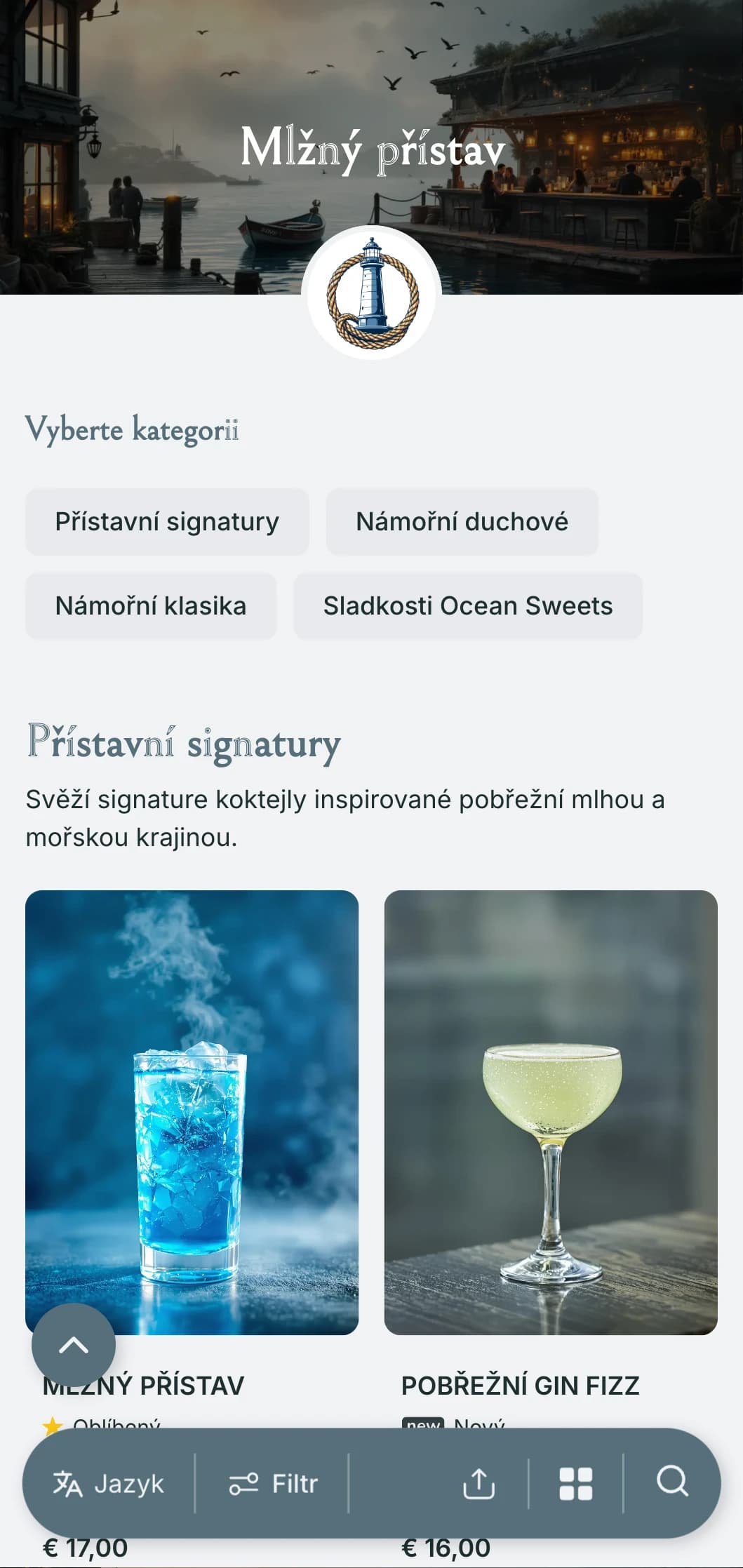 Pobřežní, přístavem inspirovaný design pro bary na pobřeží s mlhavými modrošedými tóny a námořními prvky.