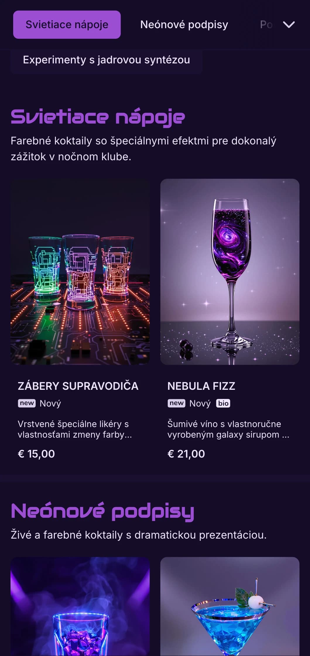Vysoko kontrastný fialovo-čierny dizajn s neónovými prvkami pre moderné koktailové bary.
