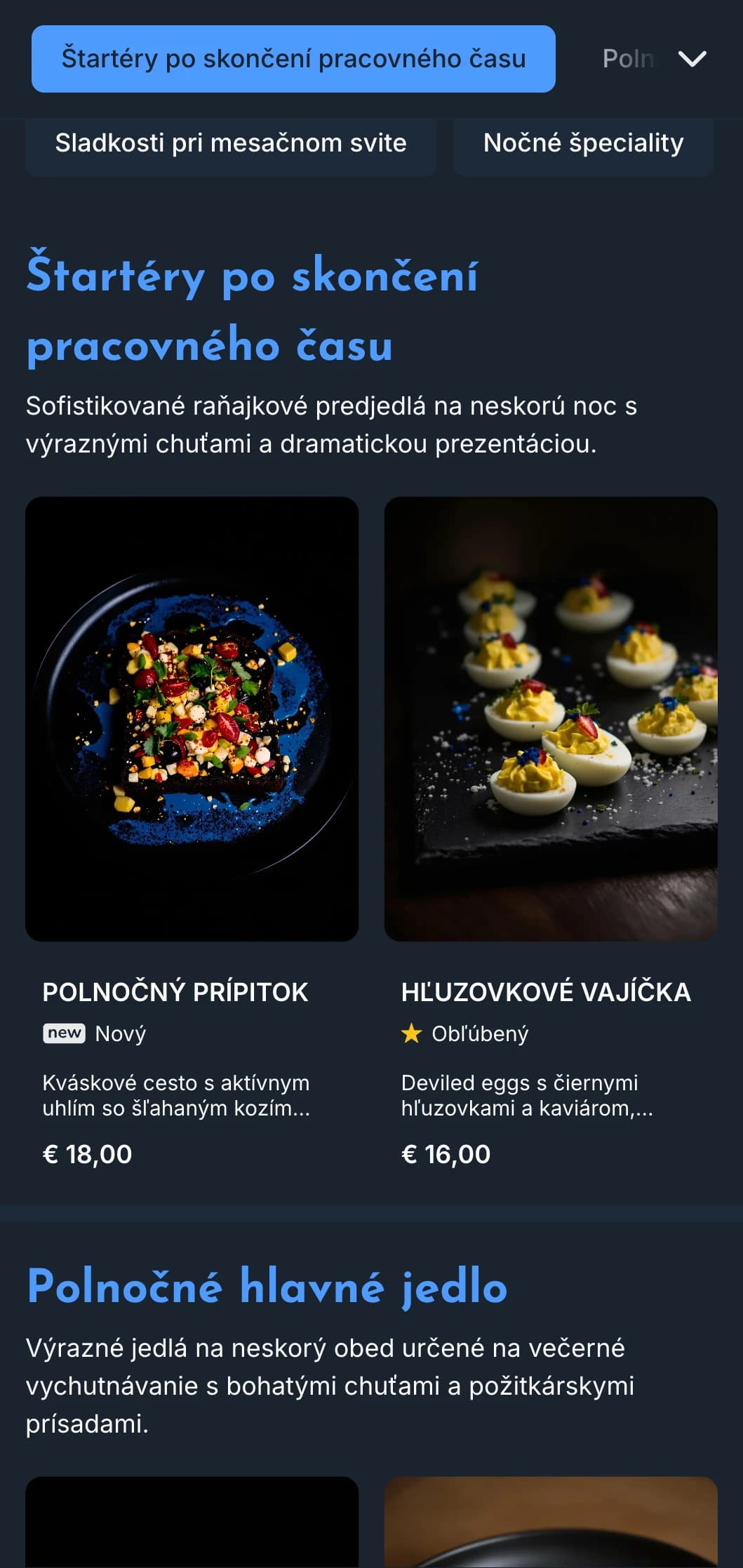 Tmavomodrá šablóna so svetlými akcentmi, ideálna pre ponuku neskorých nočných obedov a kaviarní po pracovnej dobe.