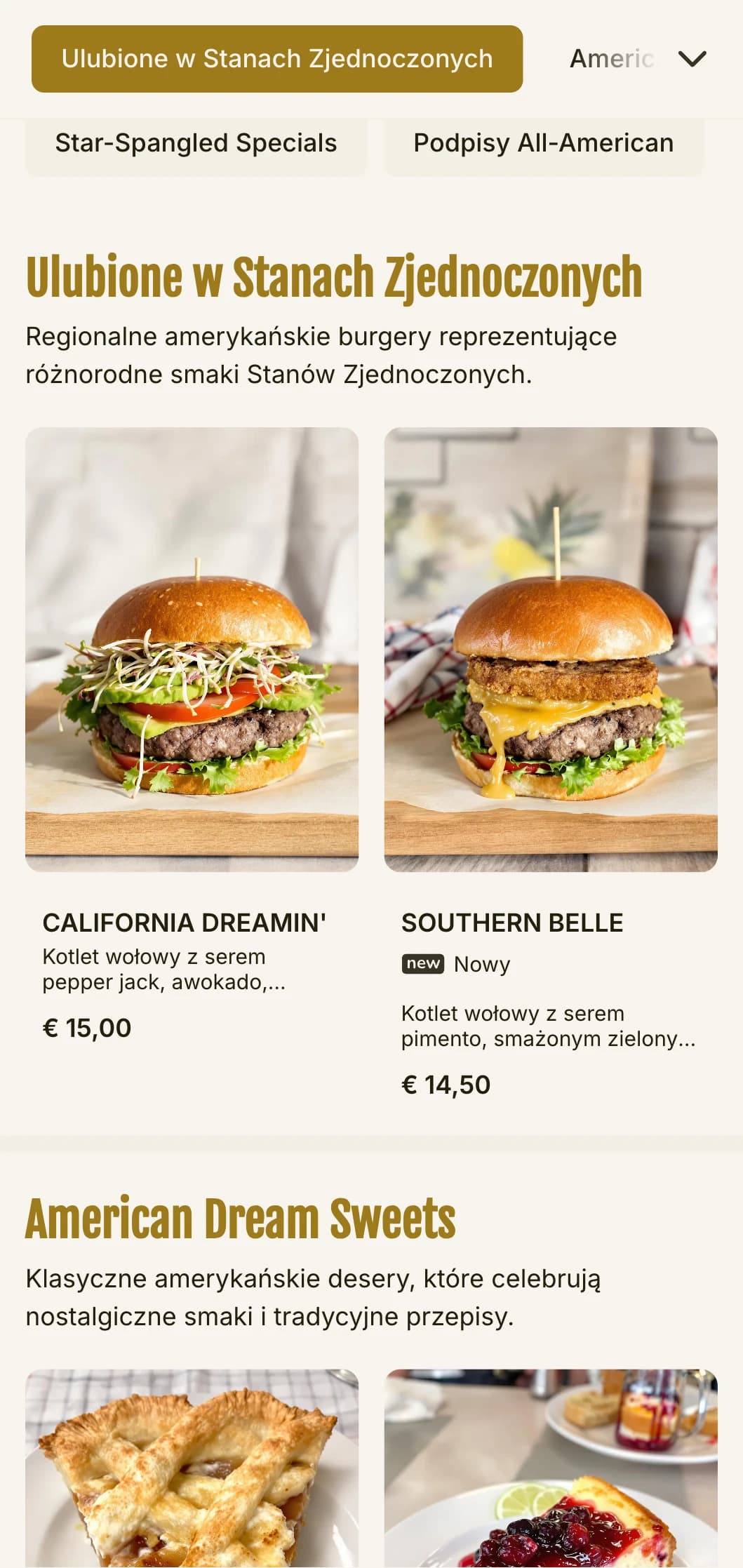 Klasyczny amerykański burger z czerwonymi, białymi i niebieskimi akcentami oraz nostalgicznymi elementami restauracji.