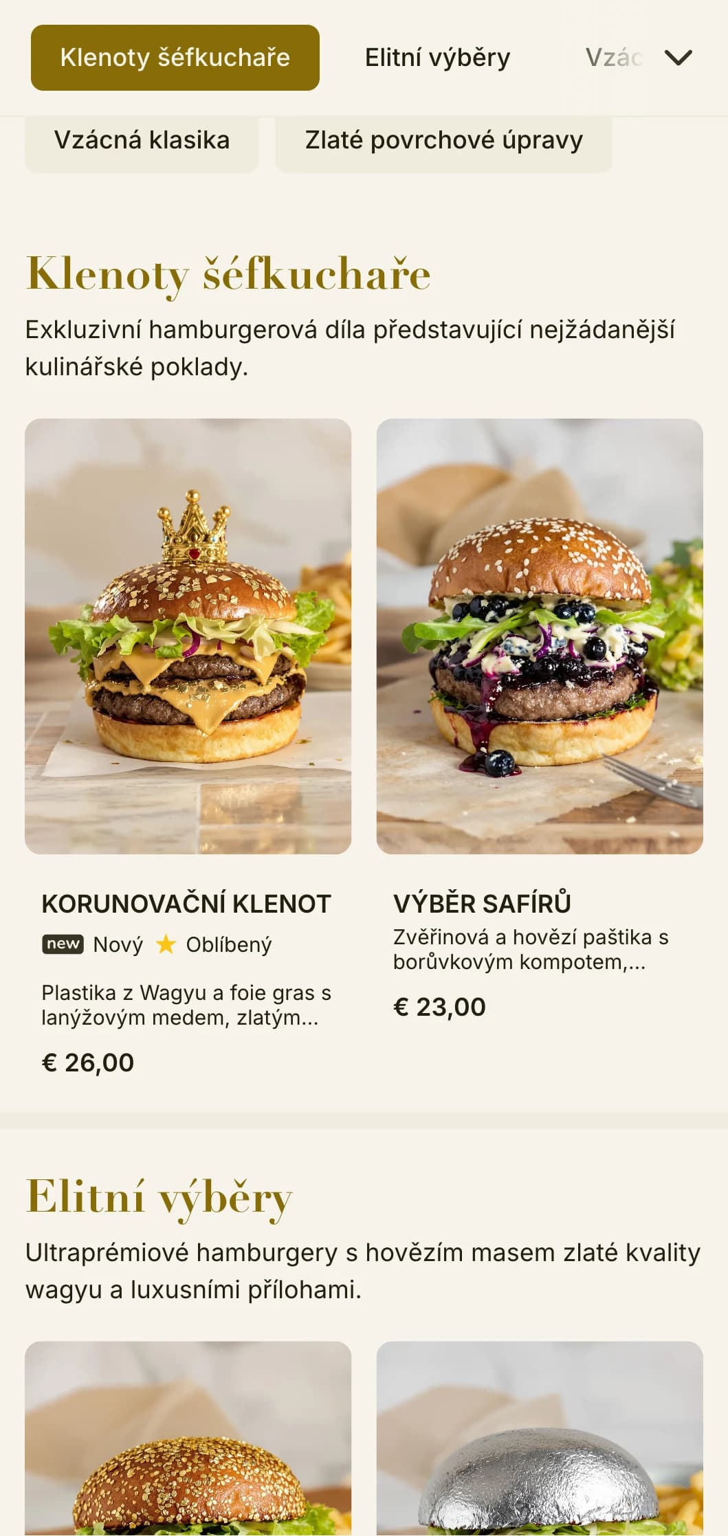 Ultraprémiový burgerový zážitek s černými a zlatými akcenty pro exkluzivní gastronomickou událost.
