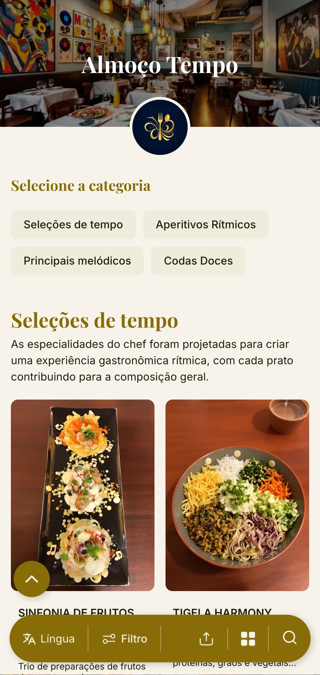 Design de cardápio de almoço dinâmico e inspirado no ritmo, com elementos musicais e layout fluido, ideal para restaurantes próximos a teatros e locais culturais.