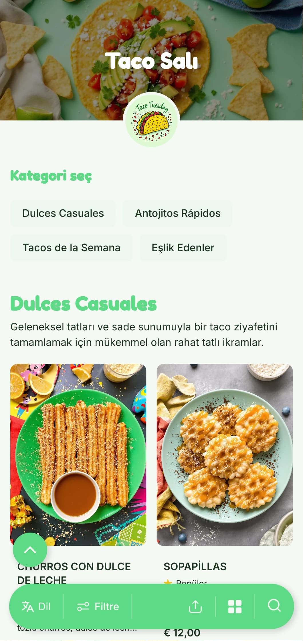 Parlak yeşil vurgular, eğlenceli çizimler ve hafta içi spesiyalleri için yaratıcı taco varyasyonları içeren eğlenceli ve rahat taco odaklı menü.