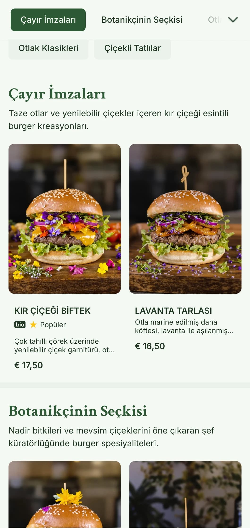 Doğal, havadar bir estetiğe sahip kır çiçeği ve otlak esintili burger konsepti.