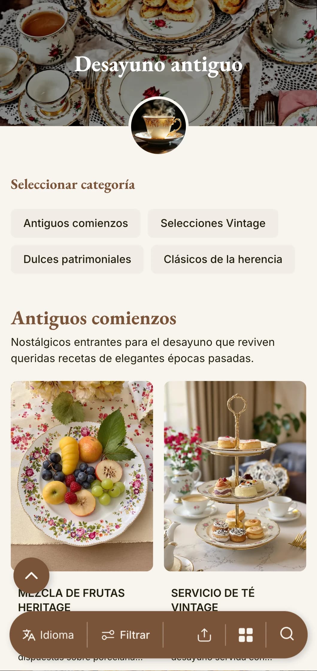 Nostálgicas selecciones matinales inspiradas en recetas heredadas, presentadas con encanto vintage y elegancia clásica.