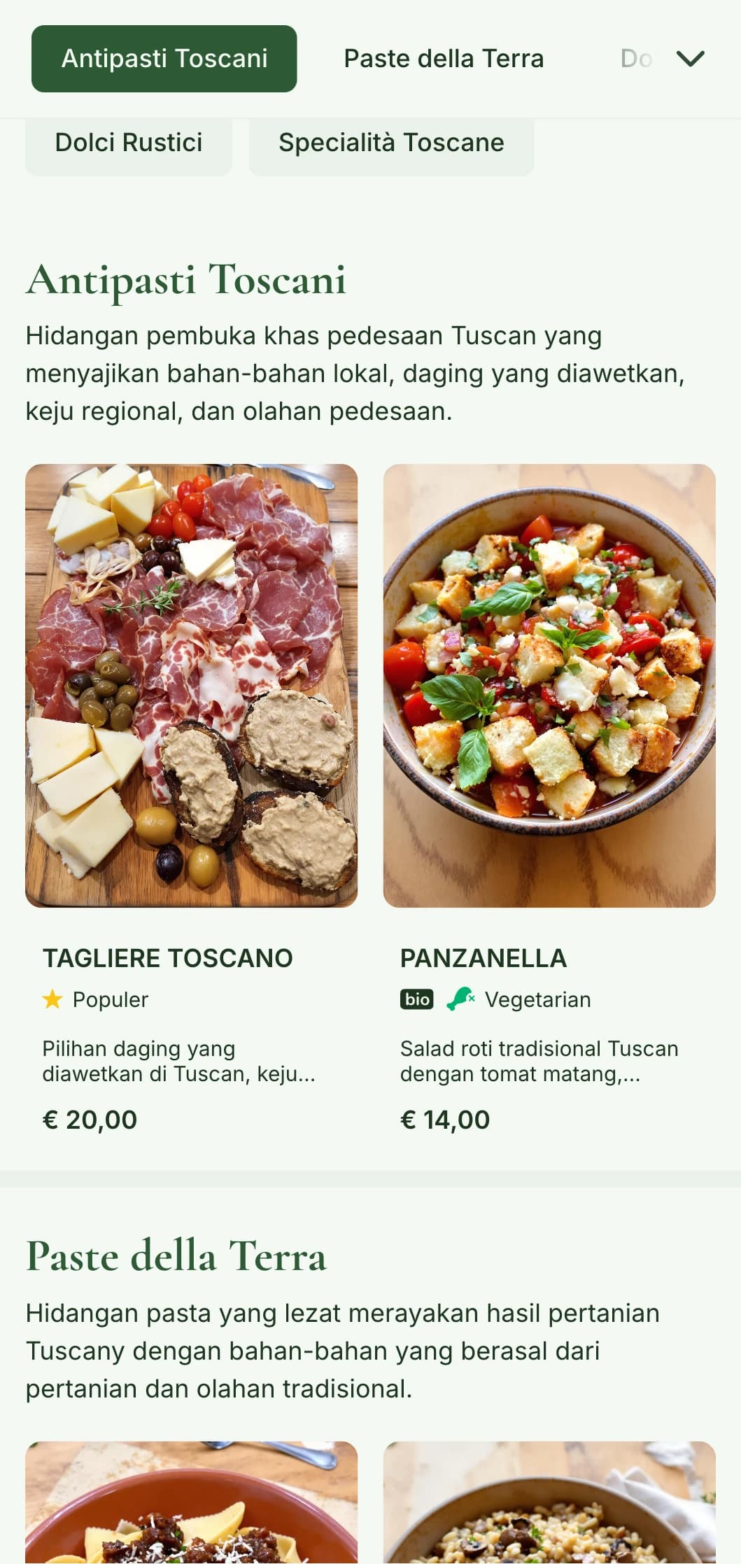 Merayakan pedesaan Tuscan dengan warna hijau zaitun, motif kebun anggur, dan elemen bersahaja untuk pengalaman bersantap otentik Italia.