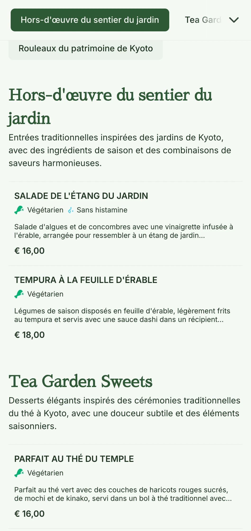 Menu de sushi traditionnel inspiré d'un jardin japonais, avec des tons verts sereins et des éléments classiques.