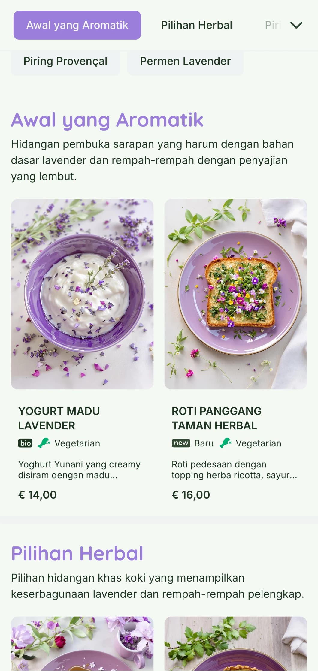 Templat brunch beraksen ungu yang wangi dan terinspirasi dari Provence, cocok untuk kafe yang berfokus pada herbal dan suasana taman.