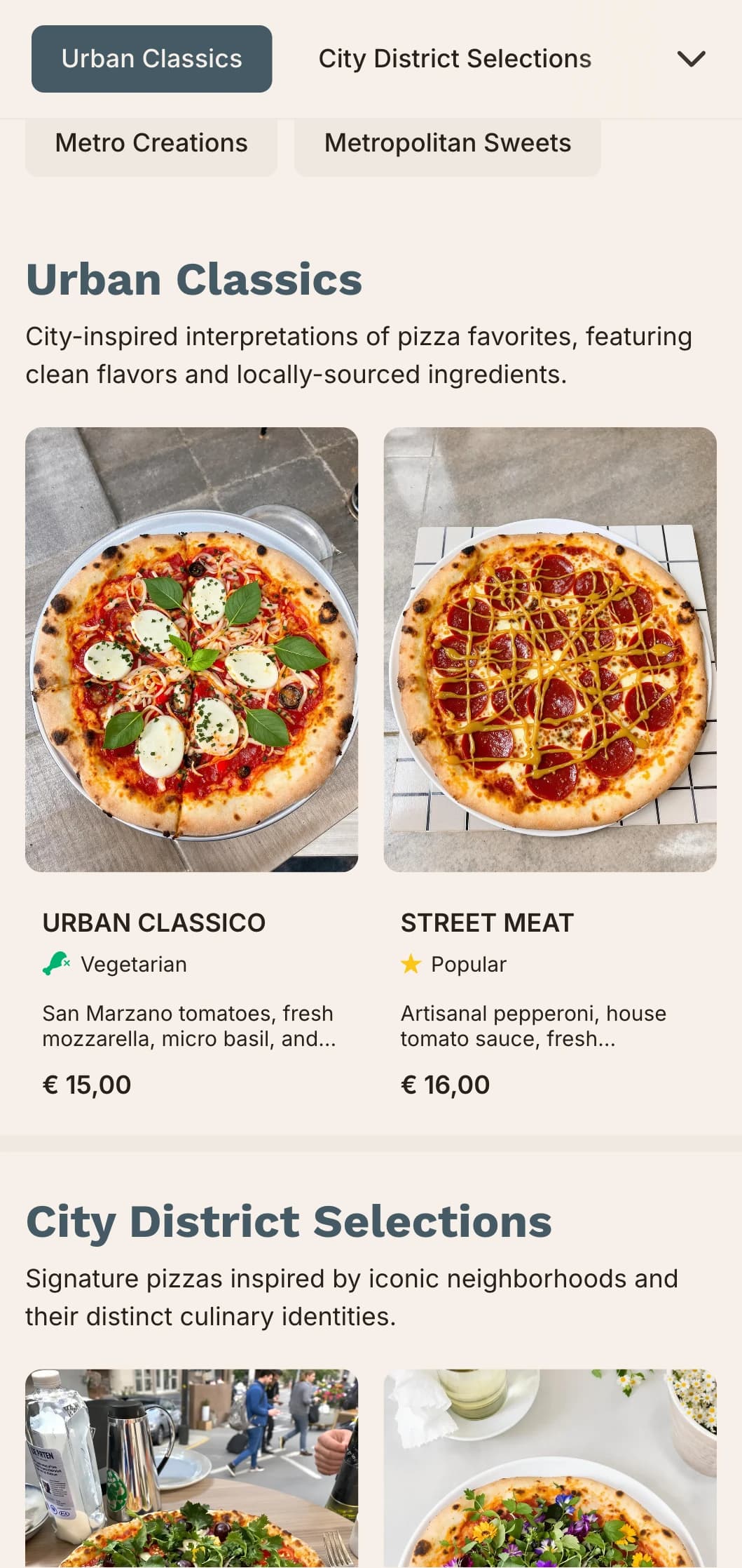 Urban metropolitan pizza menu with clean lines and contemporary design for city venues.