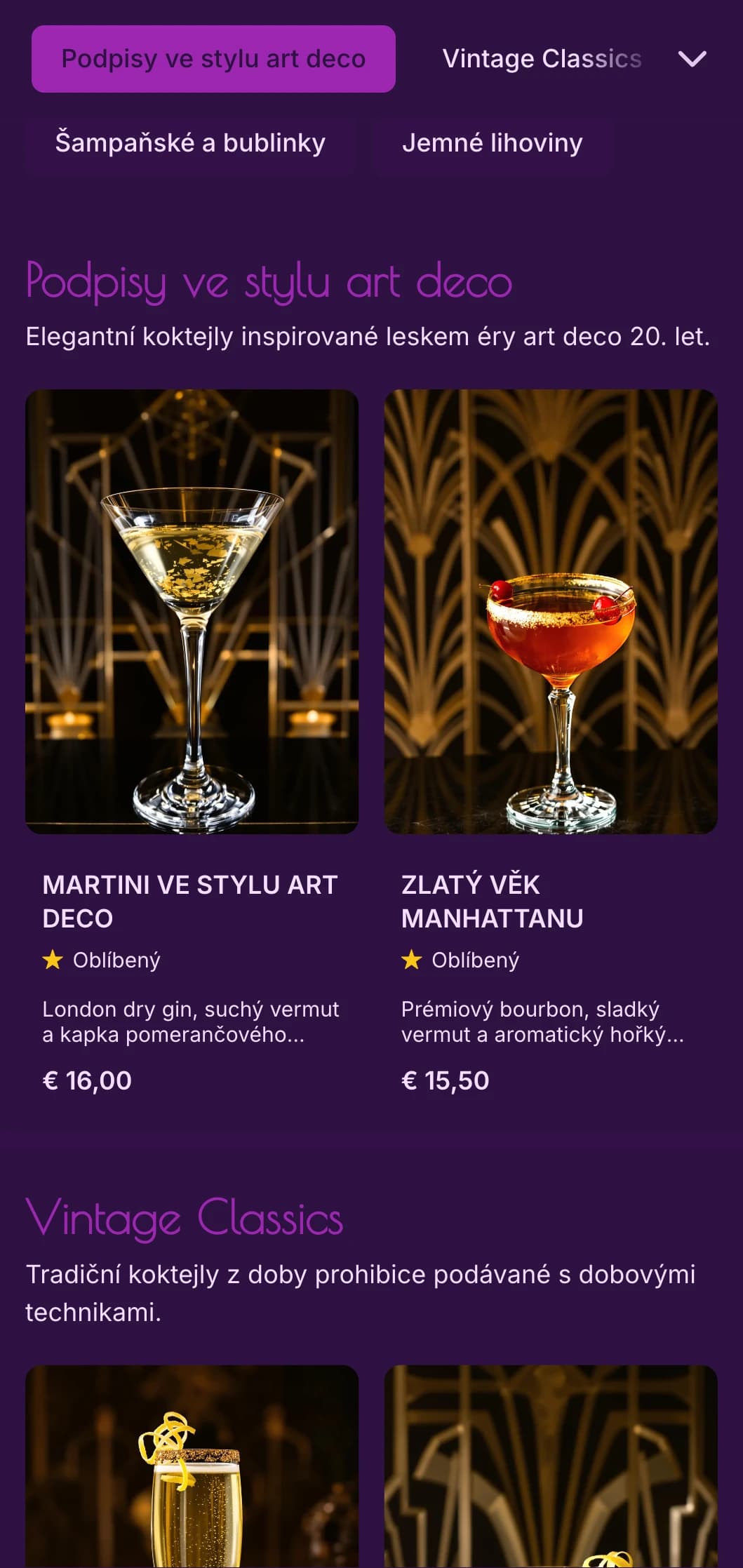 Elegantní fialový a zlatý design inspirovaný stylem art deco z 20. let 20. století pro luxusní koktejlové salónky.