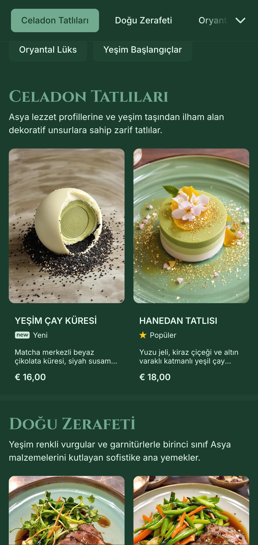 Yeşim yeşili tonları ve rafine oryantal unsurlar içeren Asya esintili sofistike konsept.