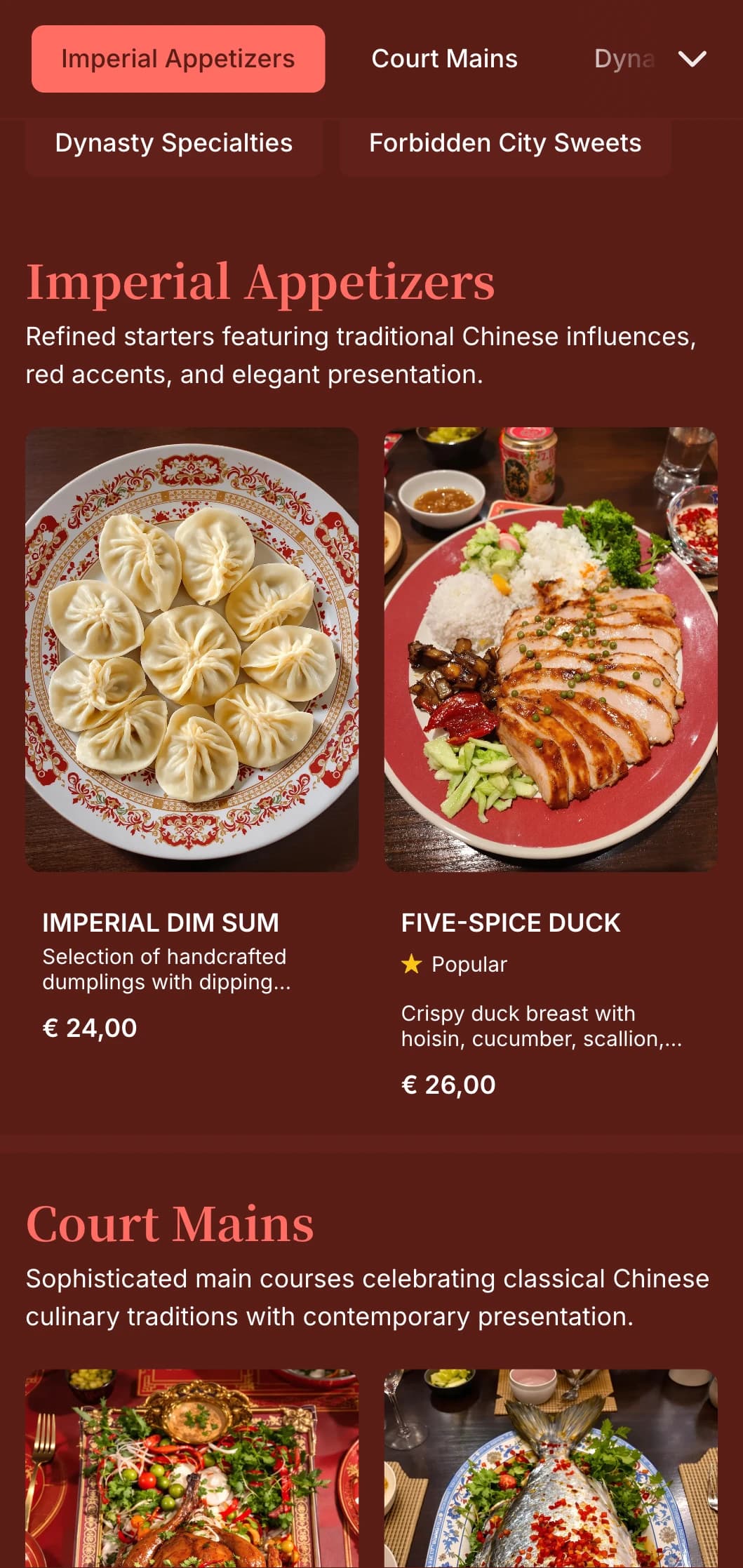 An elegant Chinese-inspired dinner menu featuring rich red tones and traditional eastern elements, perfect for upscale Chinese restaurants.