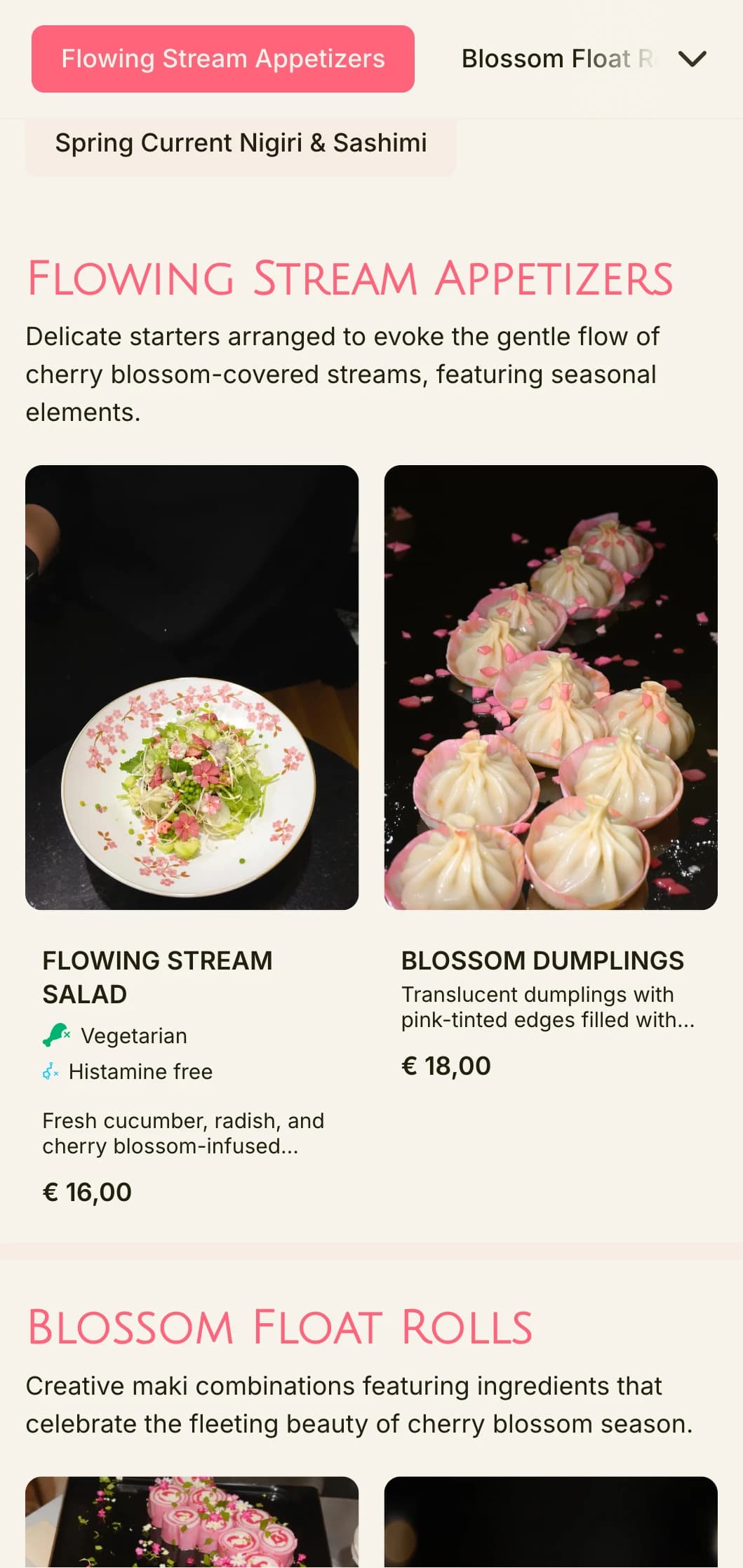 Flowing cherry blossom-inspired sushi menu with soft pink accents and natural elements.