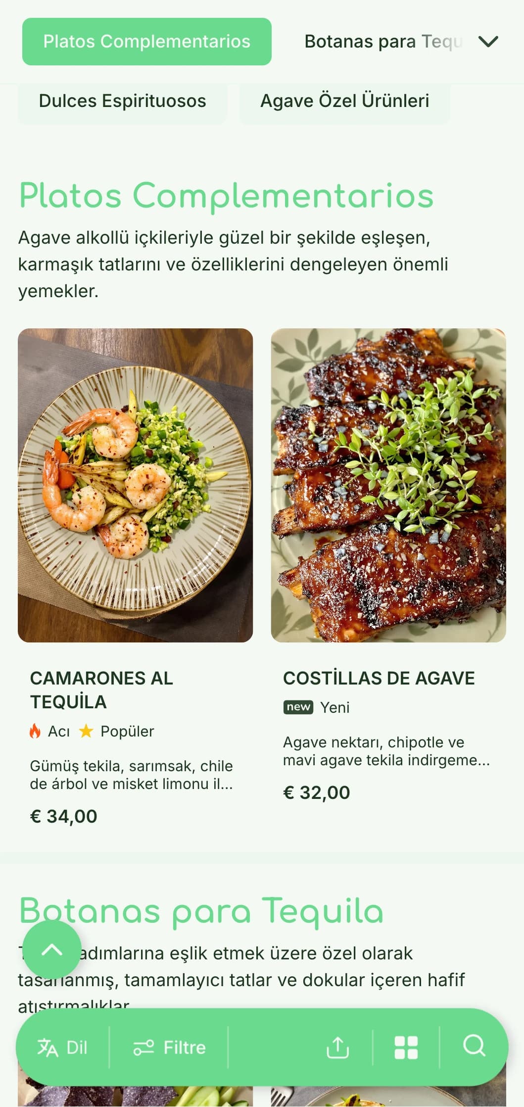 Parlak yeşil agave vurguları, botanik öğeler ve eşleştirilmiş atıştırmalıklarla birinci sınıf alkollü içki uçuşları içeren taze ve sofistike tekila bar menüsü.