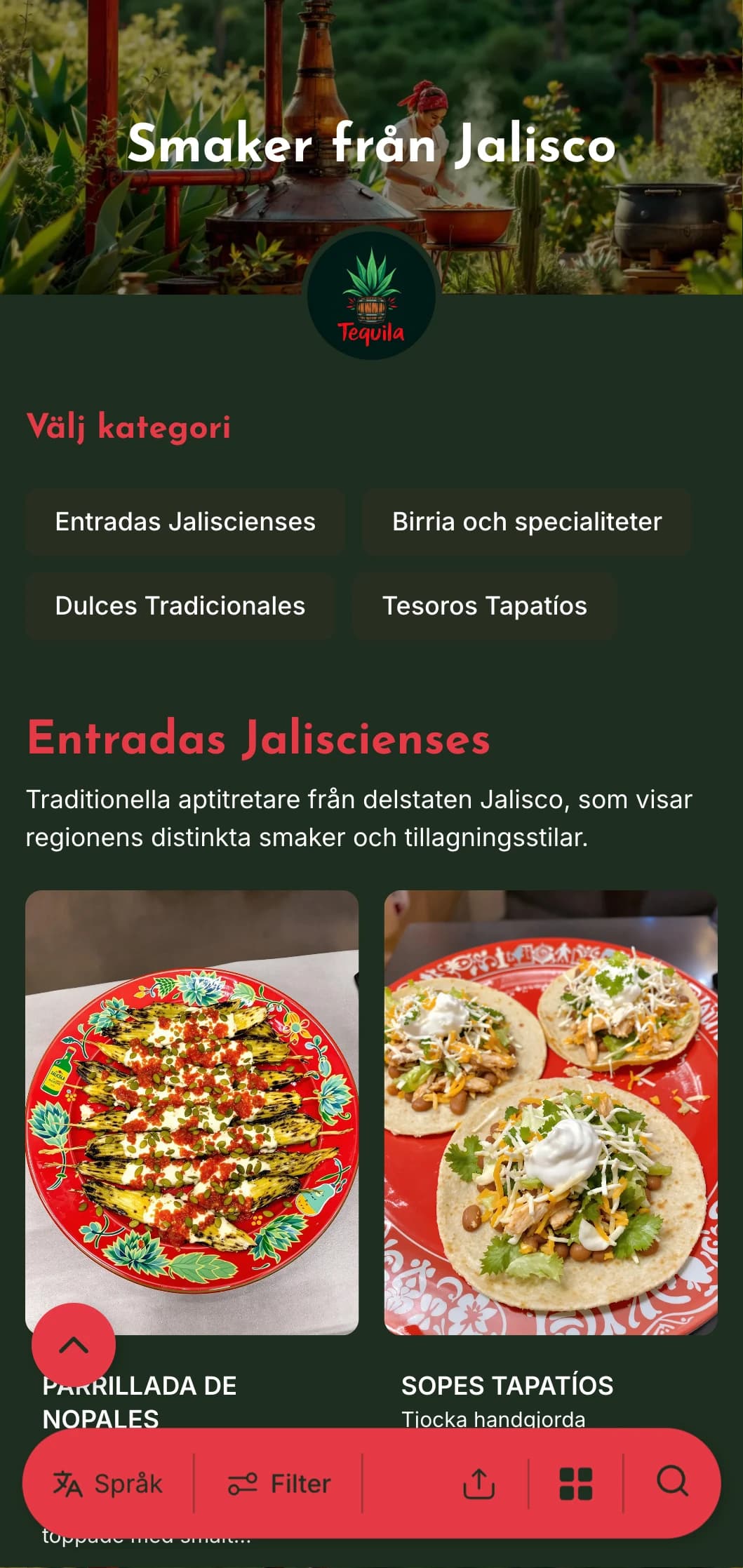 Livfull och smakrik meny med specialiteter från Jalisco, inklusive tequila, birria och traditionella mariachi-inspirerade rätter.