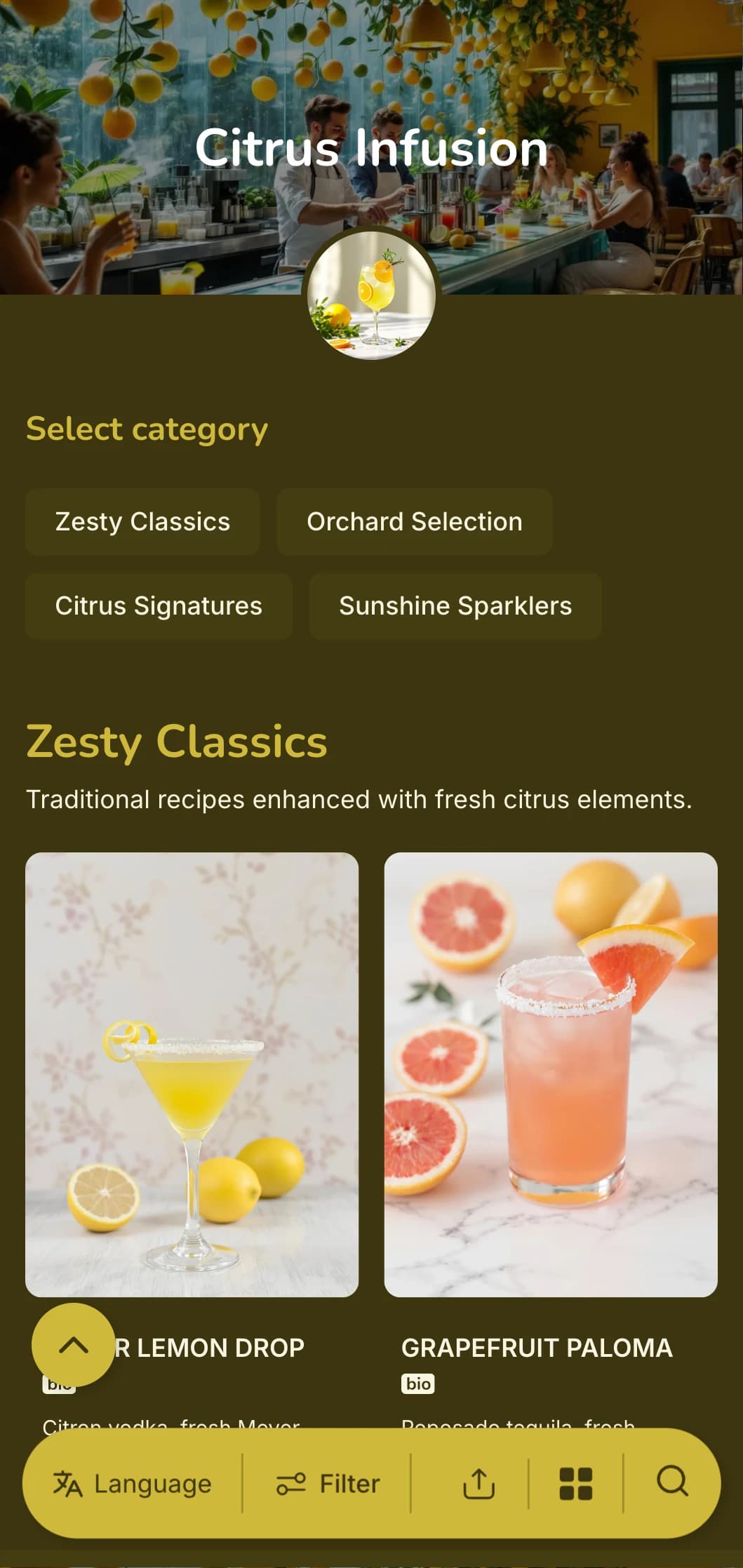 Energetic yellow-green design celebrating citrus cocktails for bright, lively bars.