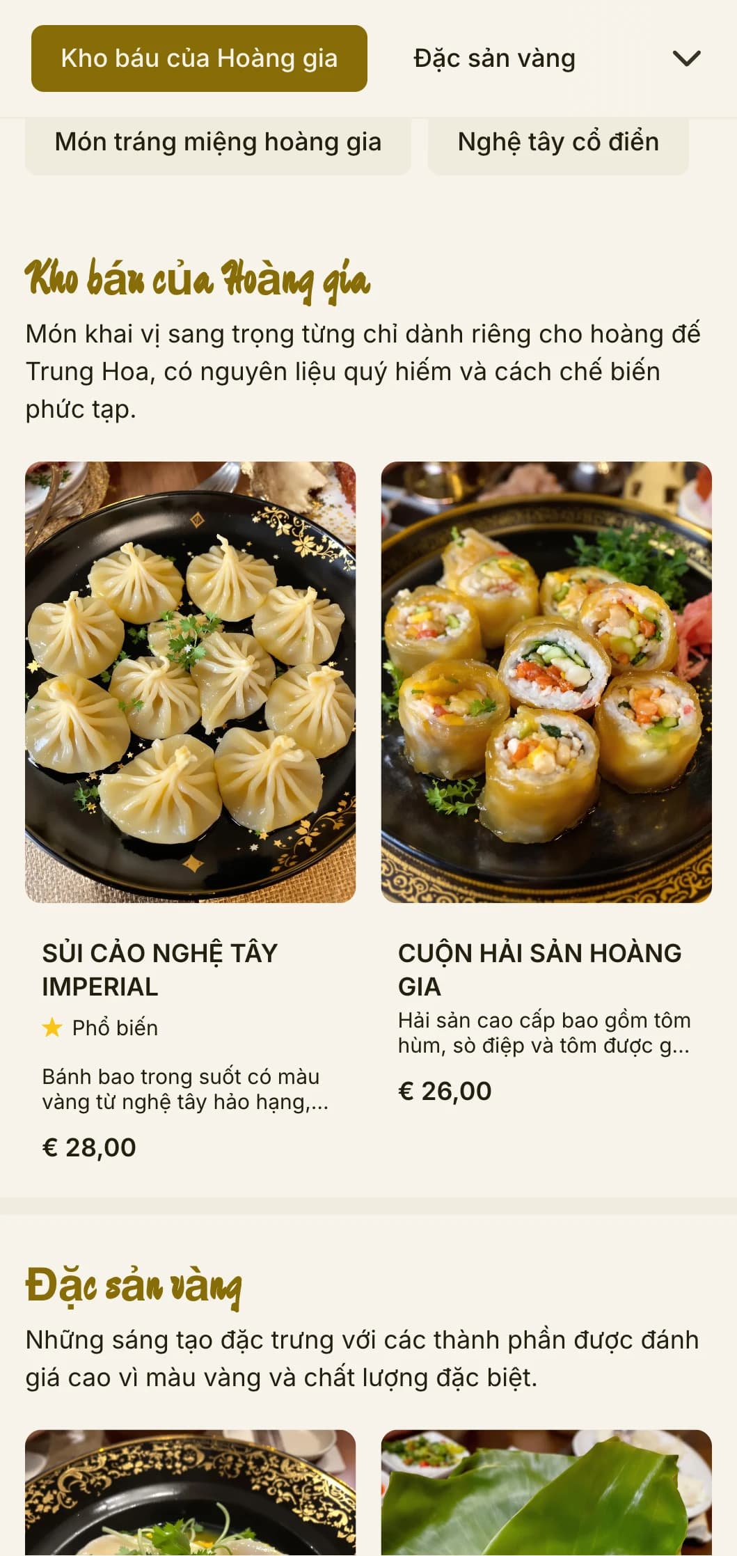 Thiết kế thực đơn Trung Hoa sang trọng lấy cảm hứng từ màu nghệ tây của hoàng gia, với các thành phần phong phú mang đến trải nghiệm ẩm thực hoàng gia.