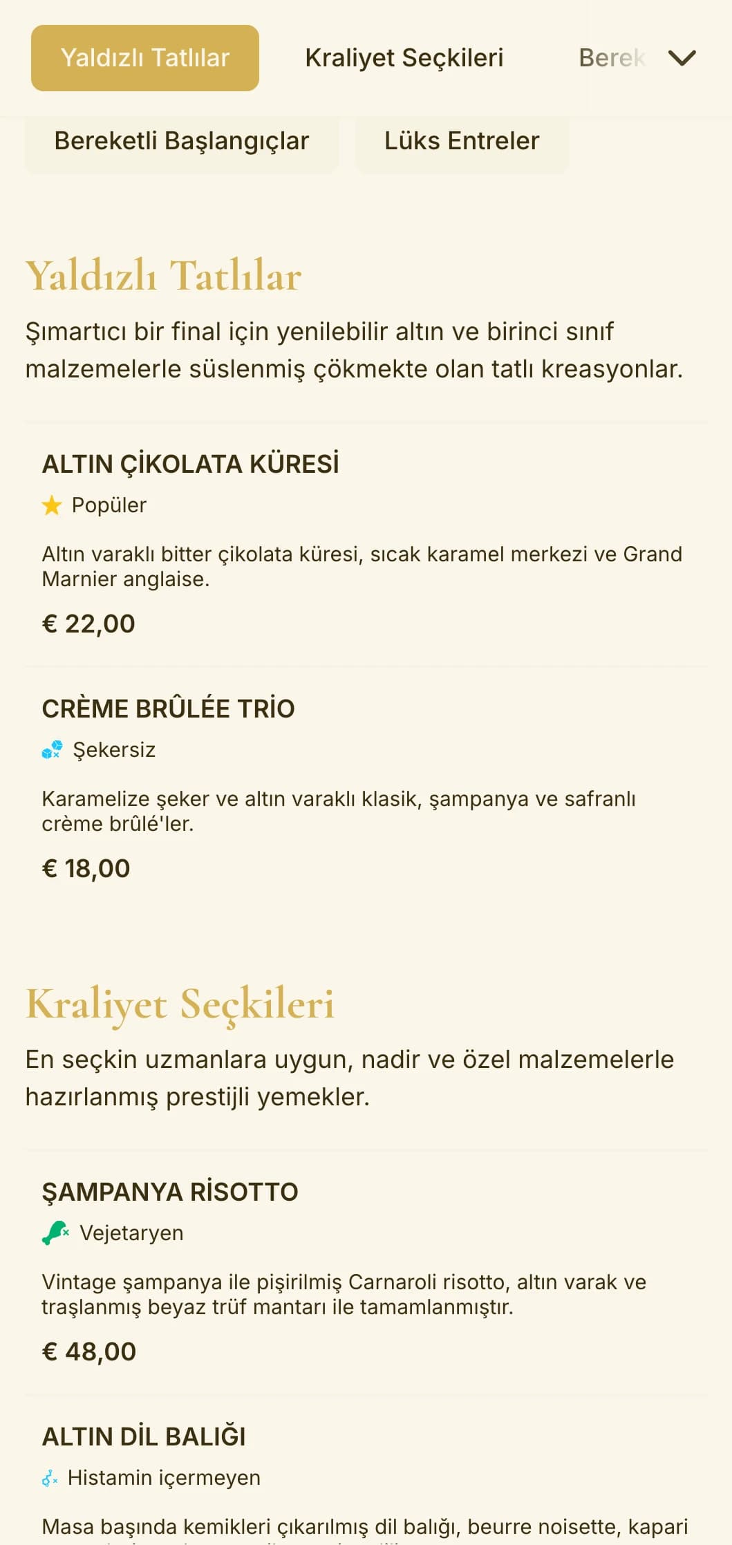 Lüks ve ayrıcalıklı bir görünüm sunan altın temalı gösterişli tasarım, üst düzey kuruluşlar ve özel günlerde yemek yemek için mükemmeldir.