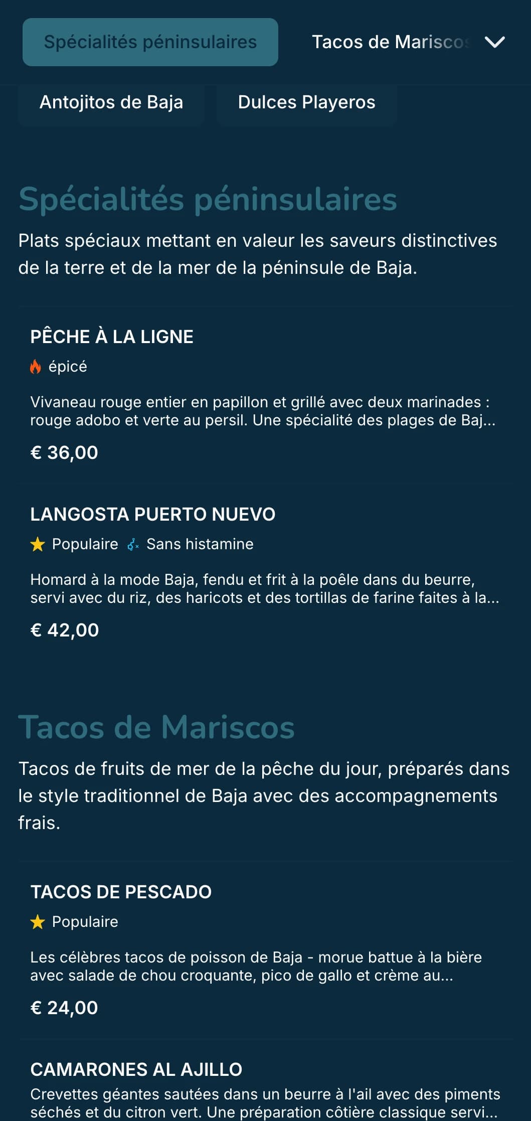 Menu léger et rafraîchissant inspiré des Bajas, avec des tacos de fruits de mer, des ingrédients frais et des accents bleus côtiers dans une ambiance de plage moderne.