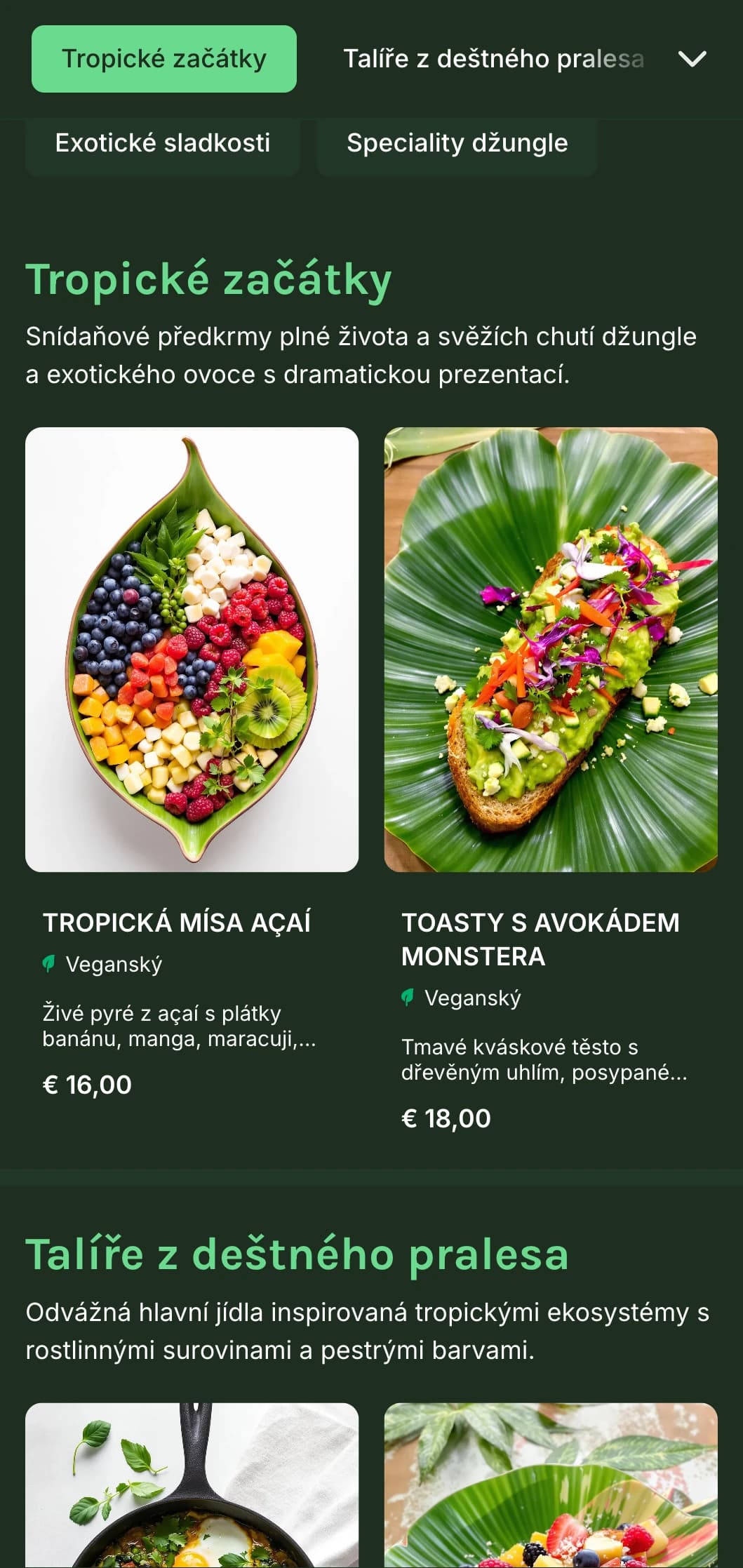 Živá zelená šablona s tropickými prvky, ideální pro rostlinné kavárny a exotické brunche.