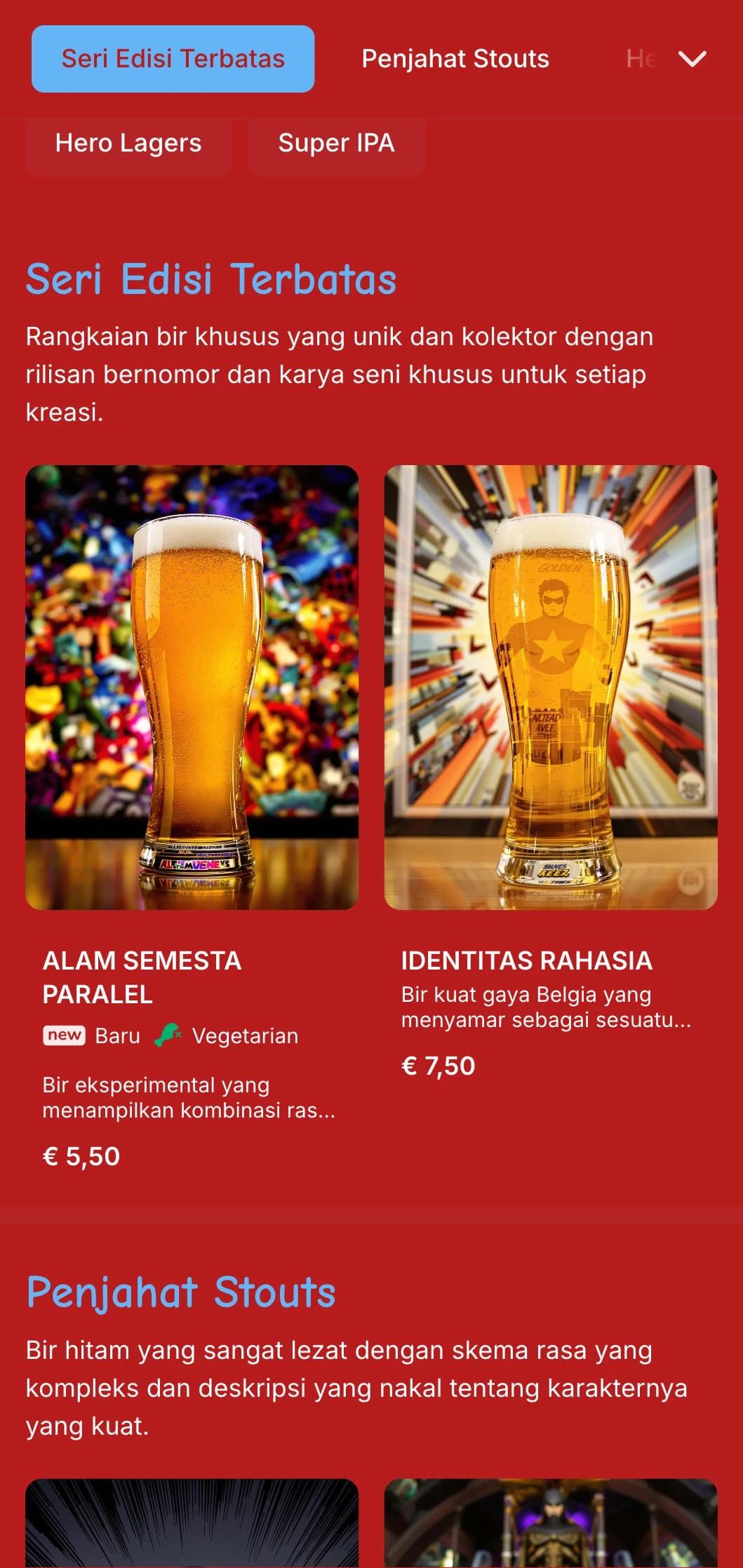 Desain yang ceria dan menyenangkan yang terinspirasi dari buku komik, menampilkan warna-warna berani dan elemen grafis untuk tempat minum bir bertema.
