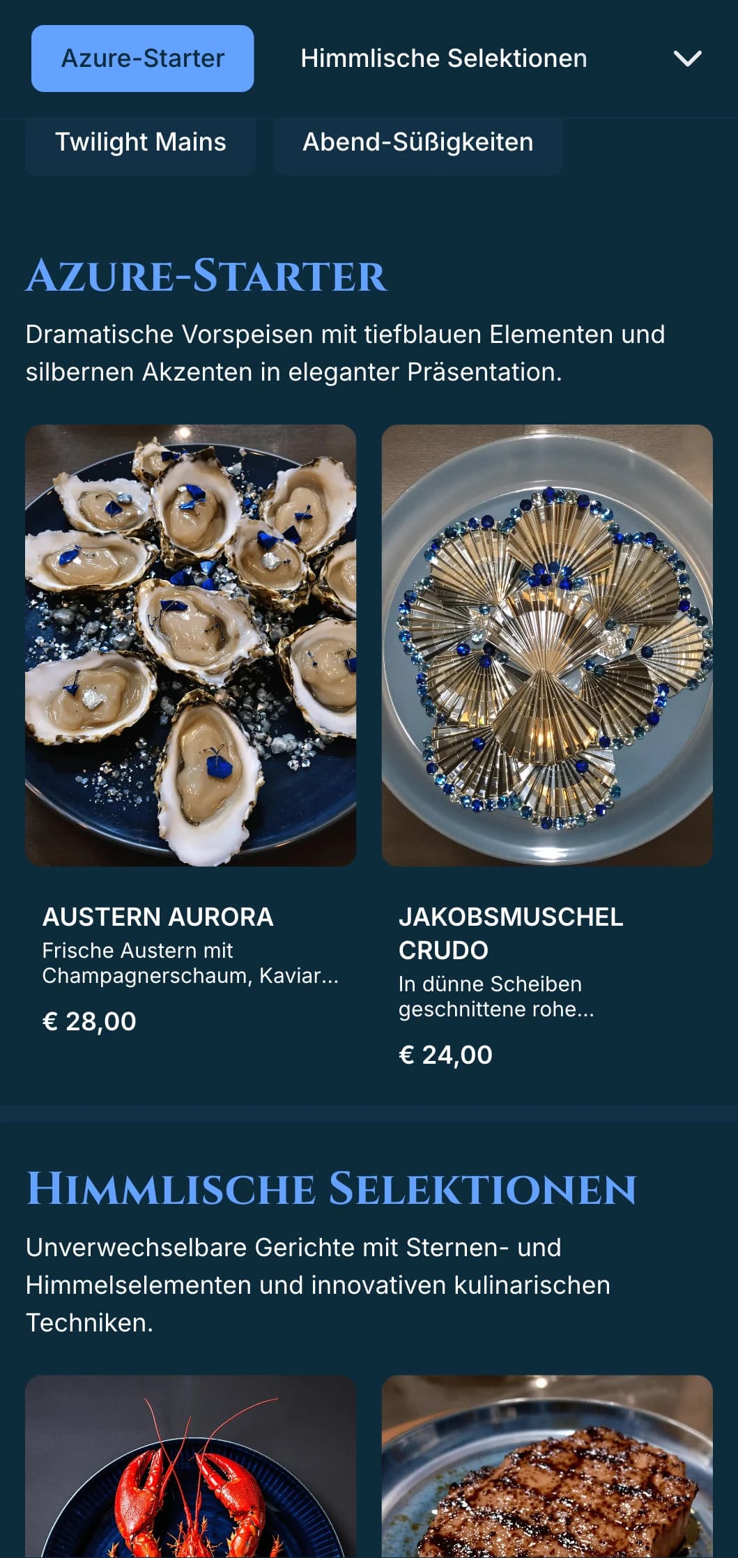 Ein dramatisches, tiefblaues Menü, inspiriert von der Dämmerung und mit silbernen Akzenten, das für ein anspruchsvolles Abendessen entworfen wurde.