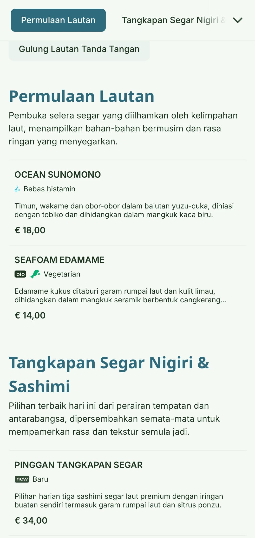 Reka bentuk menu sushi segar dan bersemangat yang diilhamkan oleh warna laut, menampilkan palet biru yang menenangkan sesuai untuk pertubuhan tertumpu makanan laut.