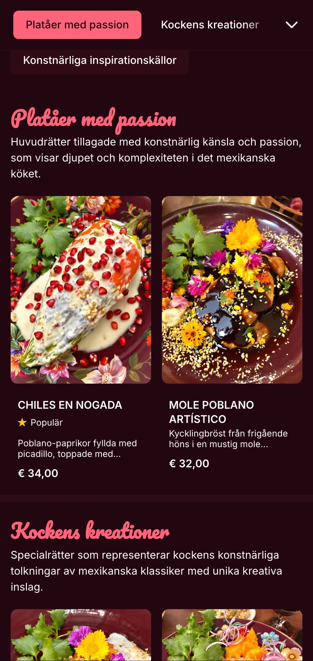 Konstnärlig och livfull meny inspirerad av Frida Kahlo med ljusrosa accenter, färgglada mexikanska rätter och kreativa presentationer.
