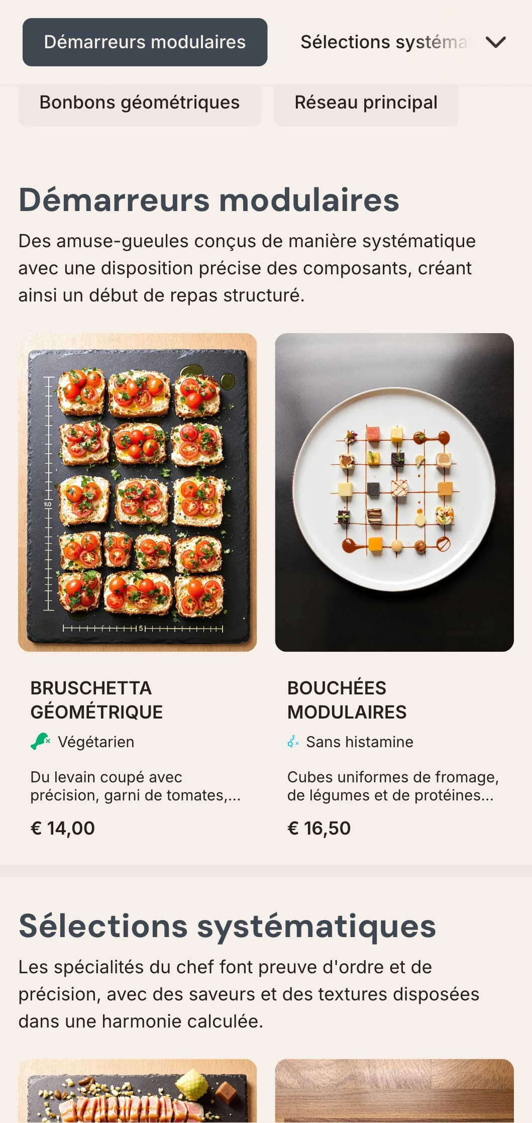 Un menu structuré, basé sur une grille, avec une précision mathématique et une organisation claire, idéal pour les restaurants axés sur le design et les restaurants contemporains.