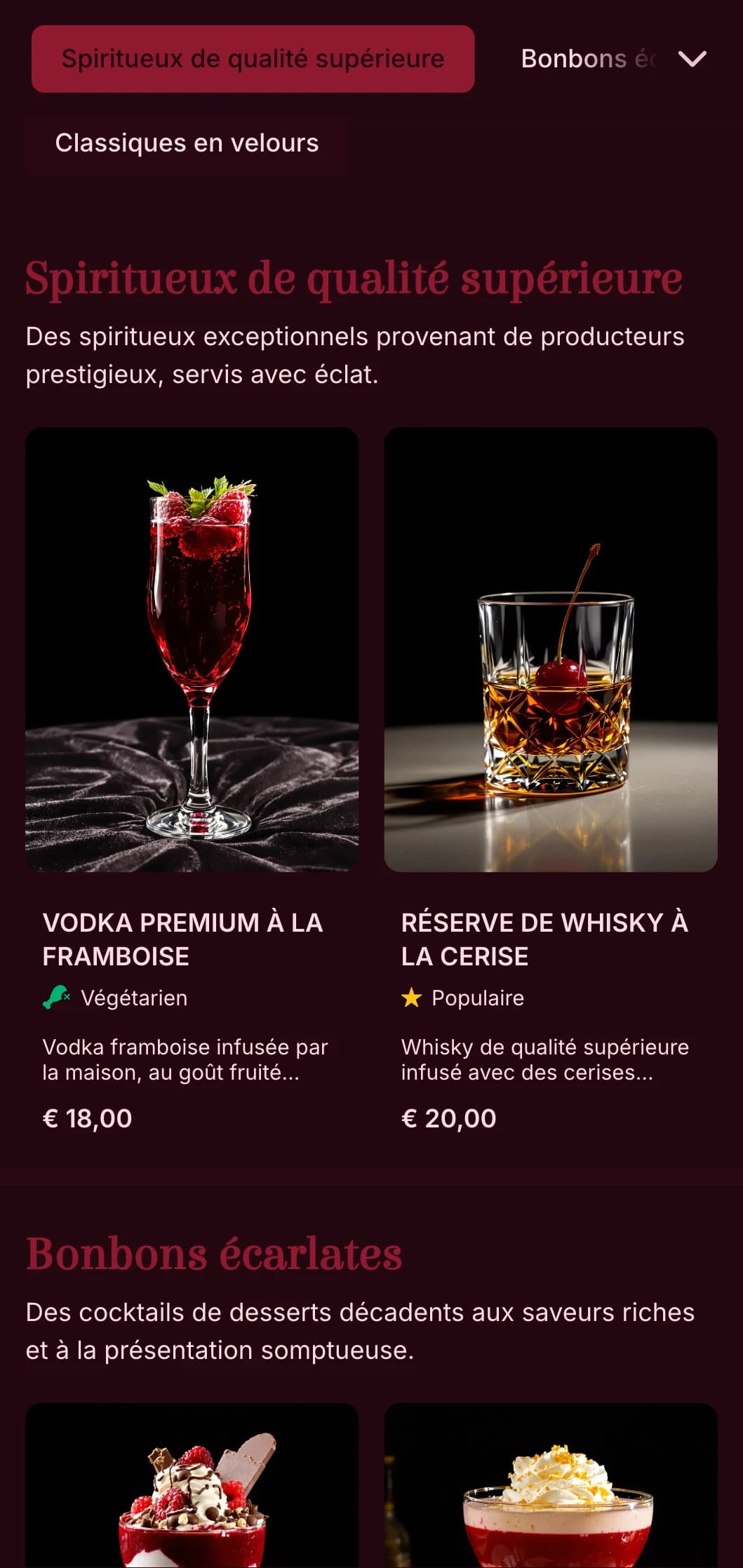 Un design luxueux, inspiré du théâtre, pour les salons de cocktails haut de gamme, avec de riches tons cramoisis et une typographie dramatique.