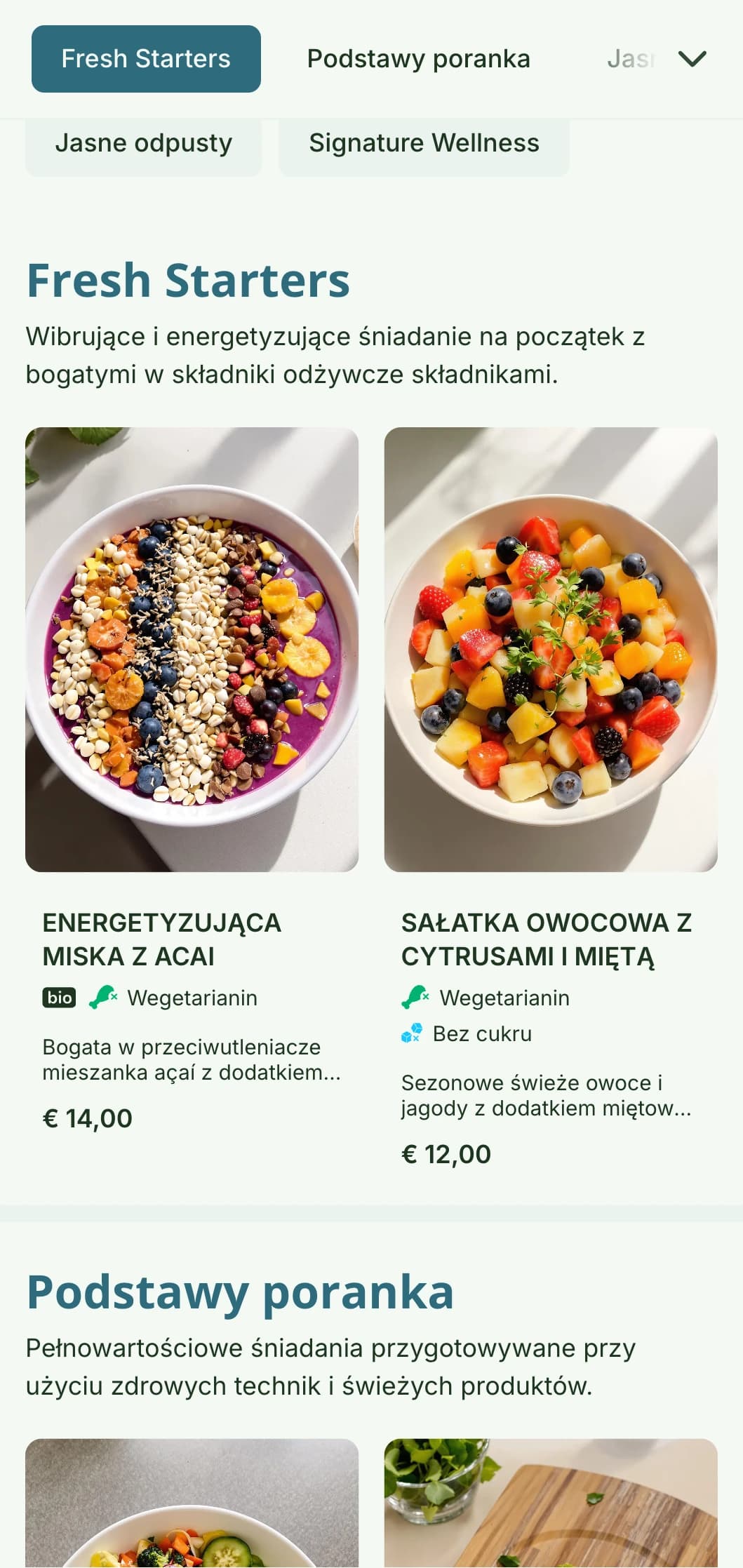 Jasne i orzeźwiające menu śniadaniowe koncentruje się na zdrowych, żywych składnikach, które dodają energii do porannej rutyny.