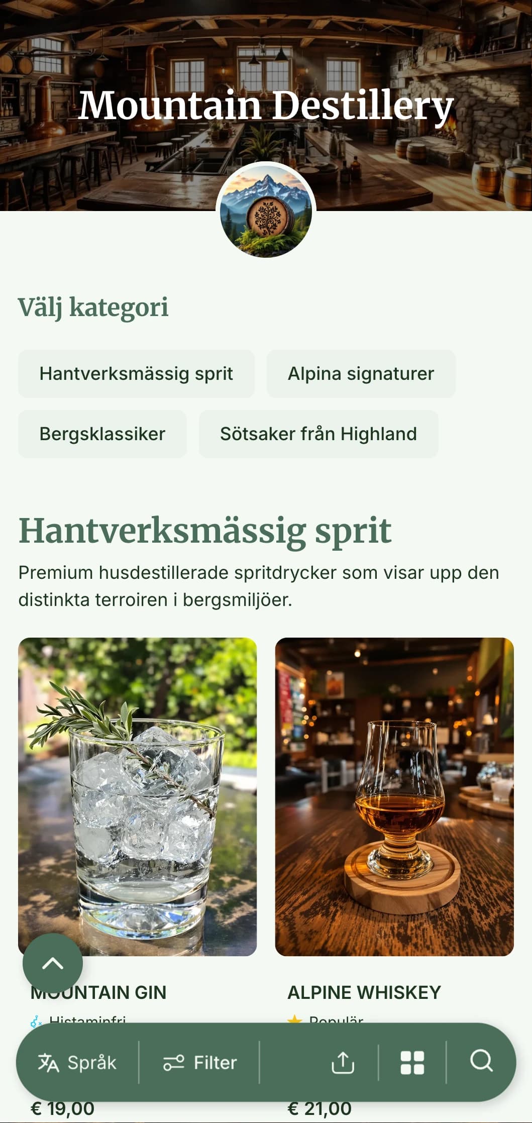 En rustik, alpinspirerad design för destillerier och spritbarer i bergen med jordnära toner och naturliga element.