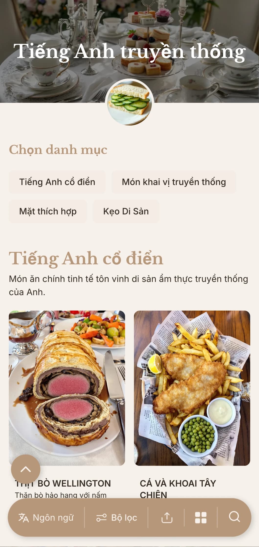 Dịch vụ ăn uống cổ điển theo phong cách Anh với công thức nấu ăn truyền thống, dịch vụ chu đáo và trình bày tinh tế cho các buổi tiệc trà chiều và các buổi họp mặt trang trọng.