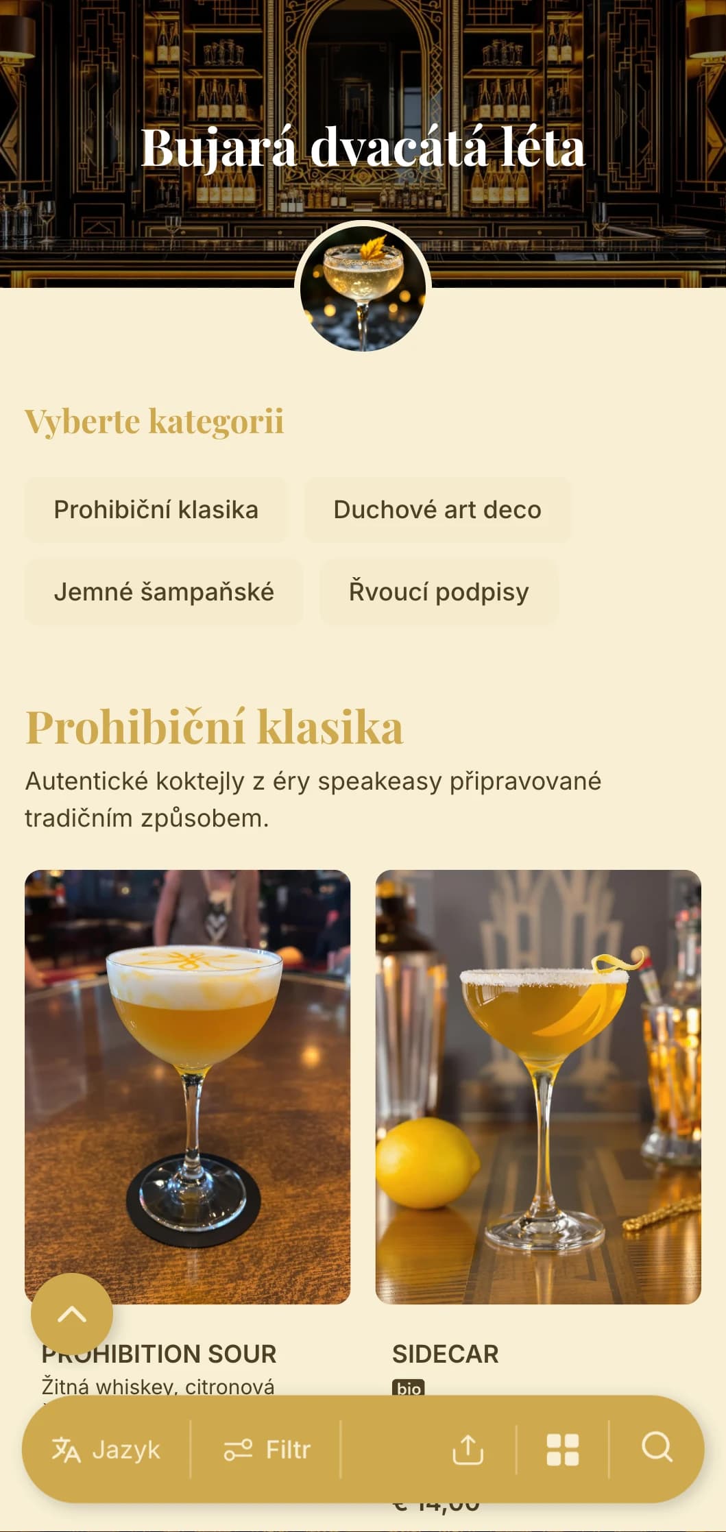 Zlatý a černý design inspirovaný glamour 20. let minulého století pro luxusní koktejlové bary.