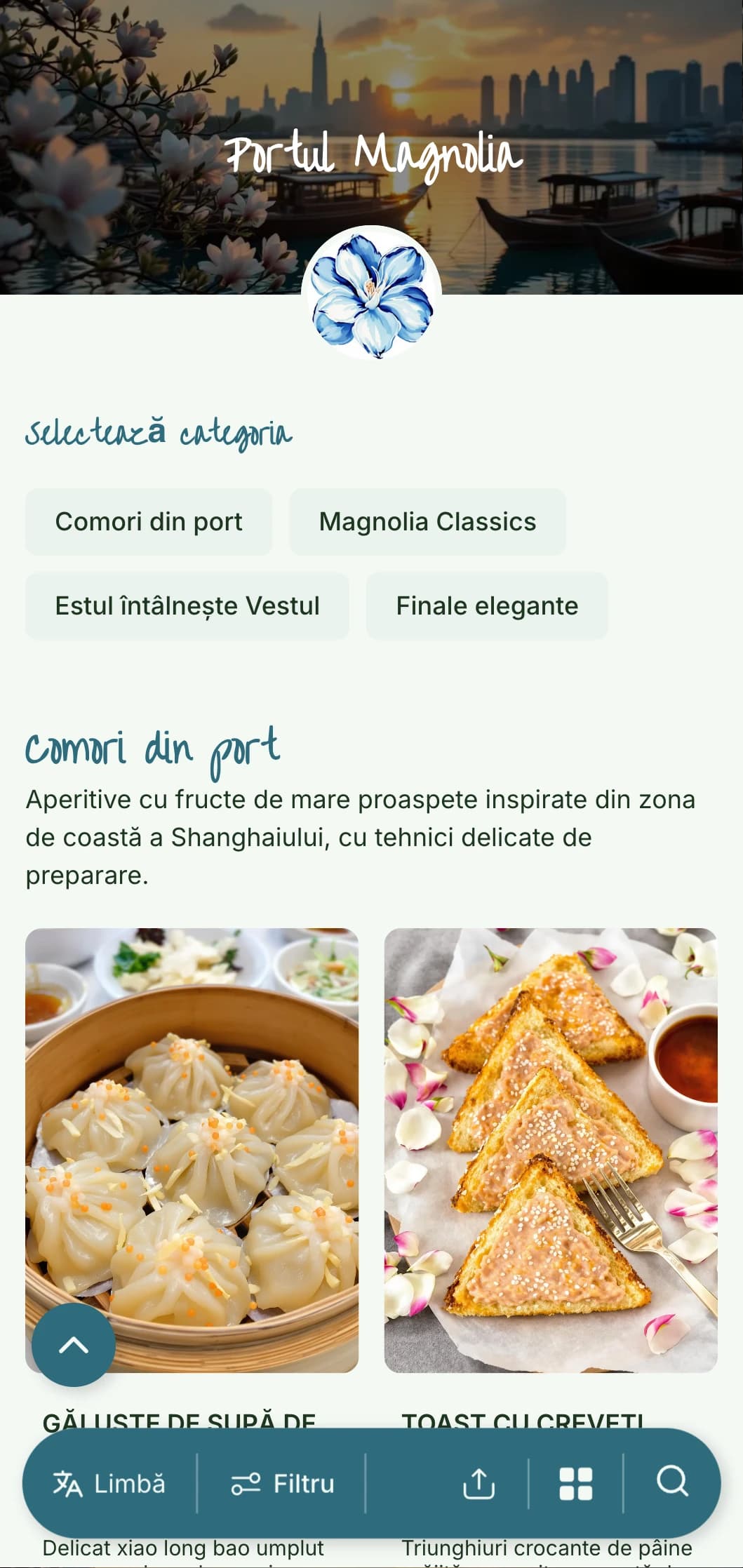 Meniu chinezesc elegant inspirat de bucătăria din Shanghai și de estetica portului, cu accente florale pentru o cină rafinată.