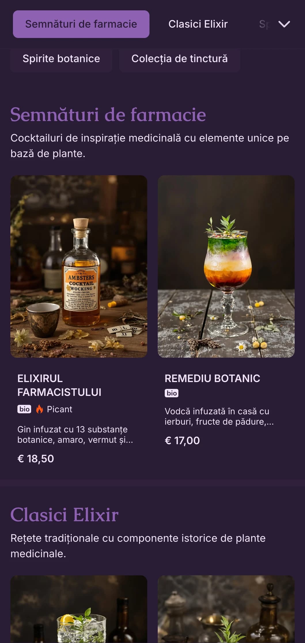 Design misterios violet cu ilustrații botanice pentru laboratoare de cocktailuri artizanale.