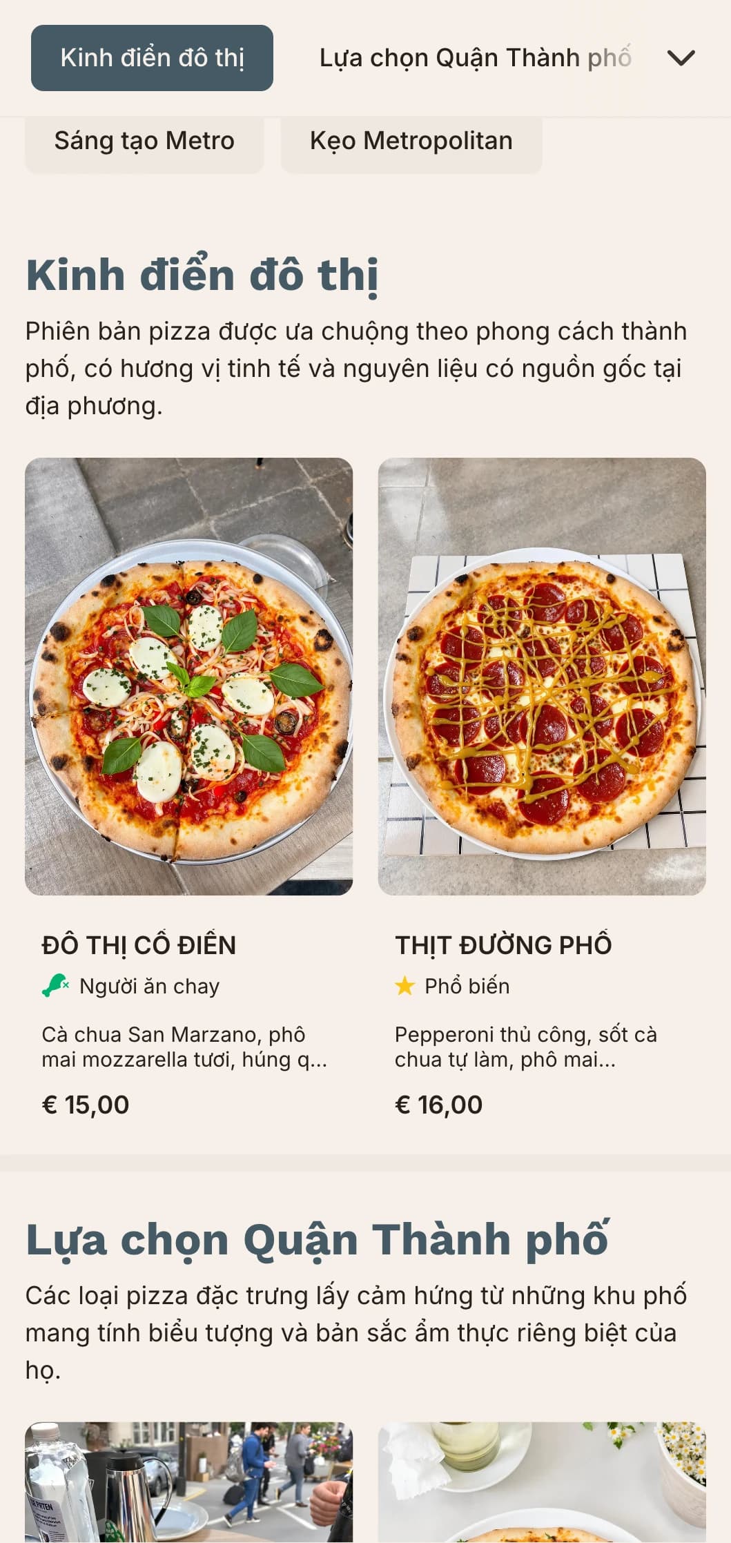 Thực đơn pizza đô thị với đường nét gọn gàng và thiết kế hiện đại dành cho các địa điểm trong thành phố.