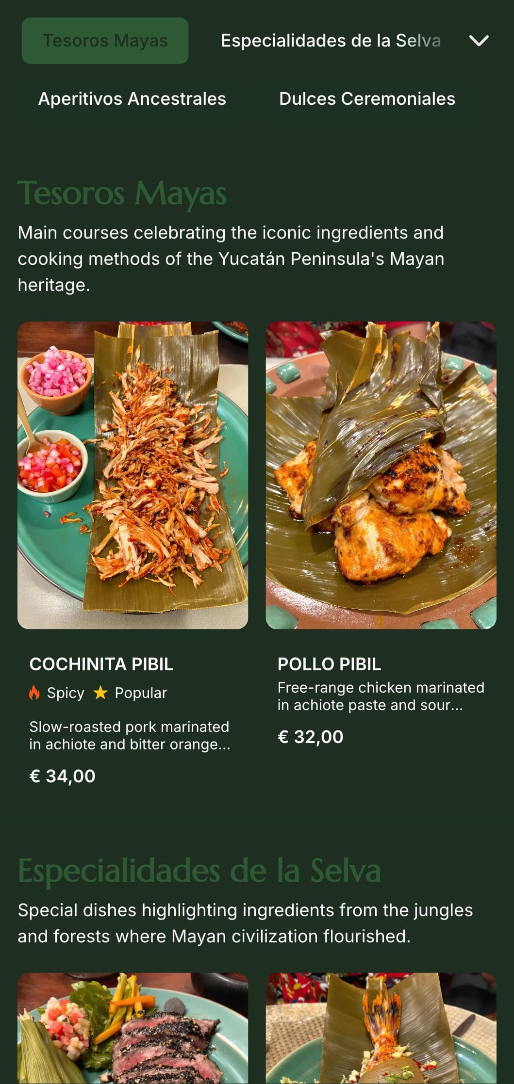 Mysterious and elegant menu inspired by Mayan culture featuring jade green accents, ancient symbolism, and Yucatán Peninsula specialties.