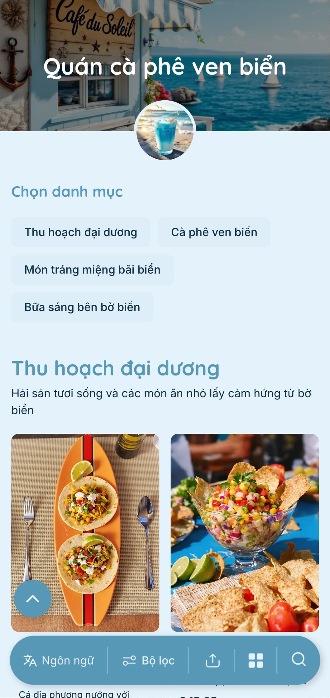 Thiết kế màu xanh mát mẻ với các yếu tố ven biển dành cho các quán cà phê ven biển và quán cà phê ven biển.